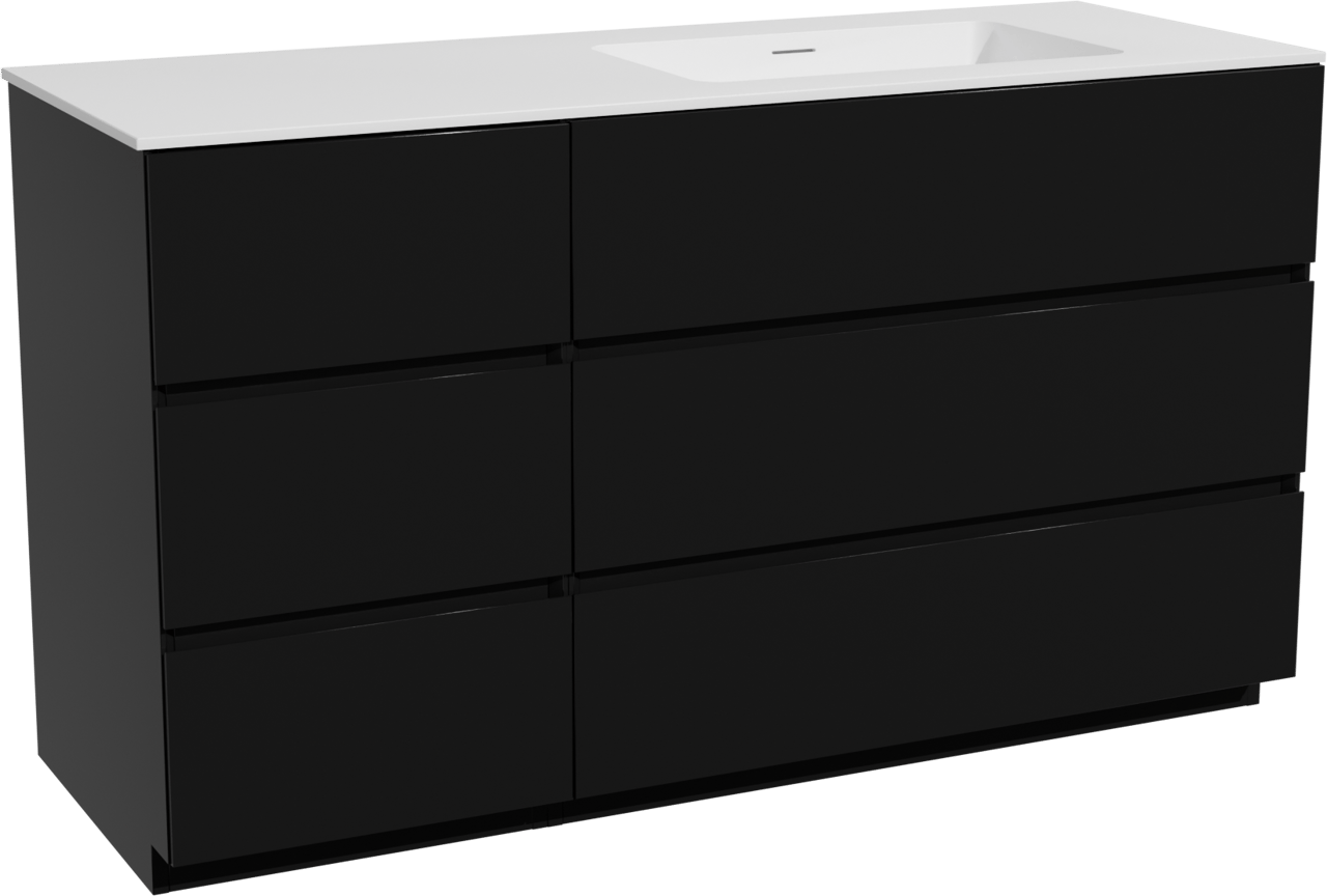 Storke Edge staand badkamermeubel 140 x 52 cm mat zwart met Mata asymmetrisch rechtse wastafel in solid surface mat wit