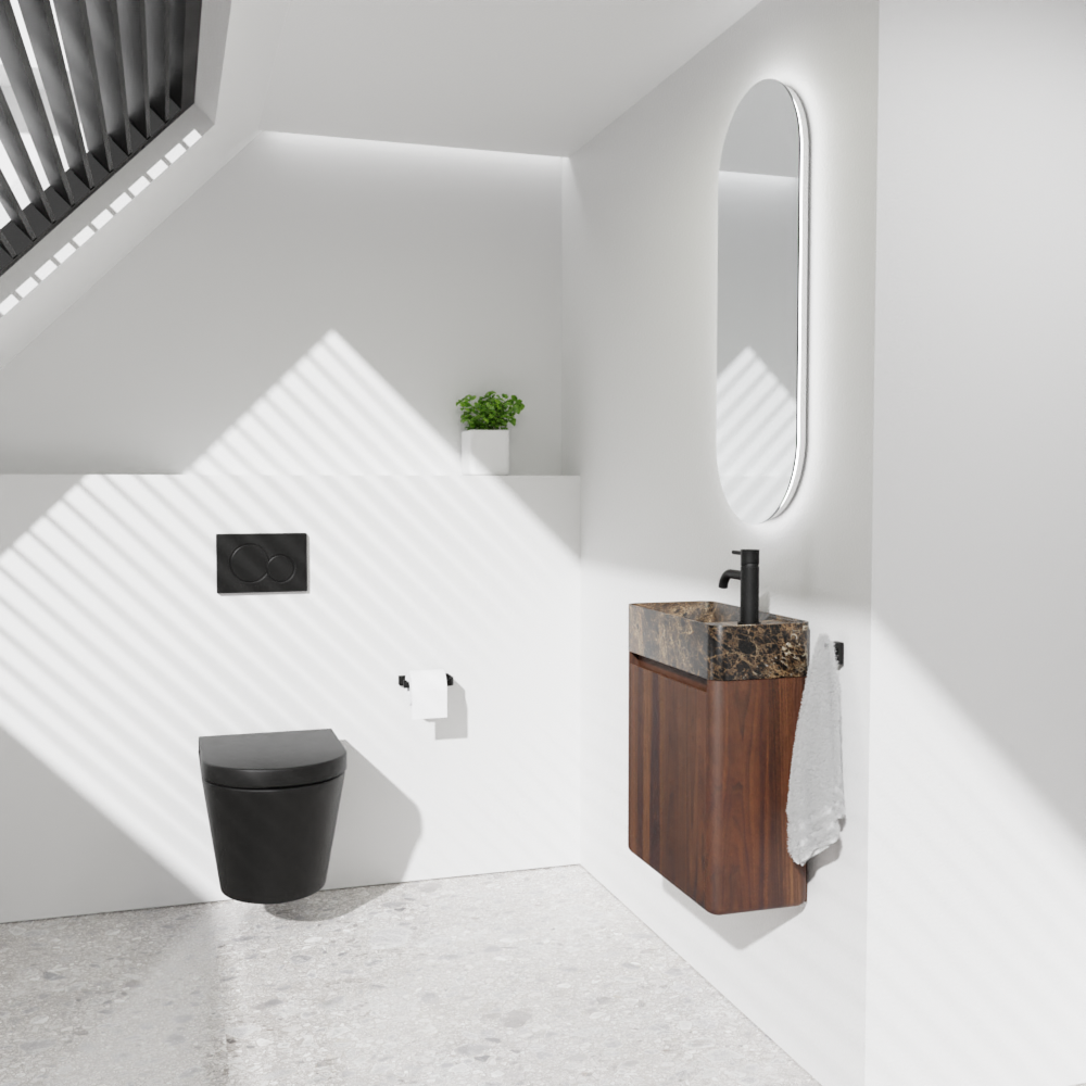 Balmani Fara meuble wc suspendu 45 x 22 cm noyer américain avec Fara plan vasque en marbre Dark Emperador