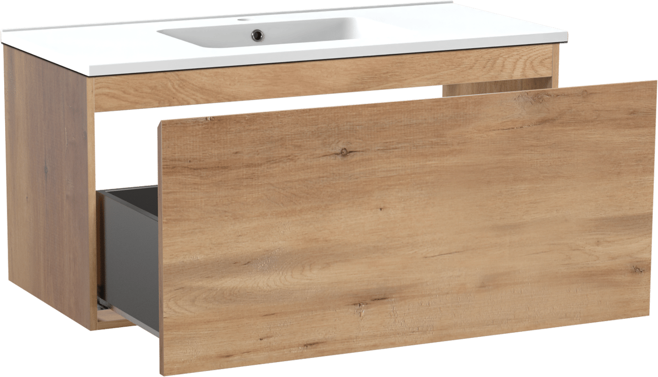 Linie Lado zwevend badmeubel 100 x 46 cm naturel eiken met Vano enkele wastafel in composietmarmer mat wit