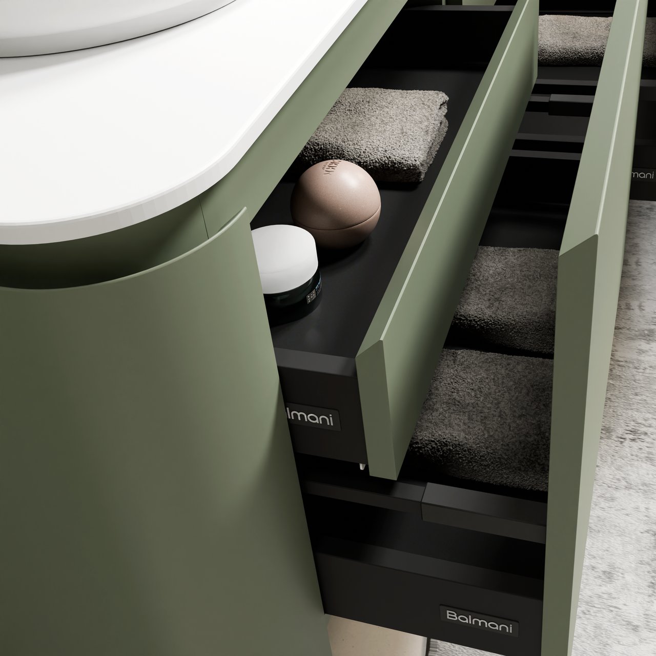 Balmani Moon zwevend badkamermeubel 160 x 55 cm saliegroen met Moon enkel of dubbel tablet in solid surface mat wit