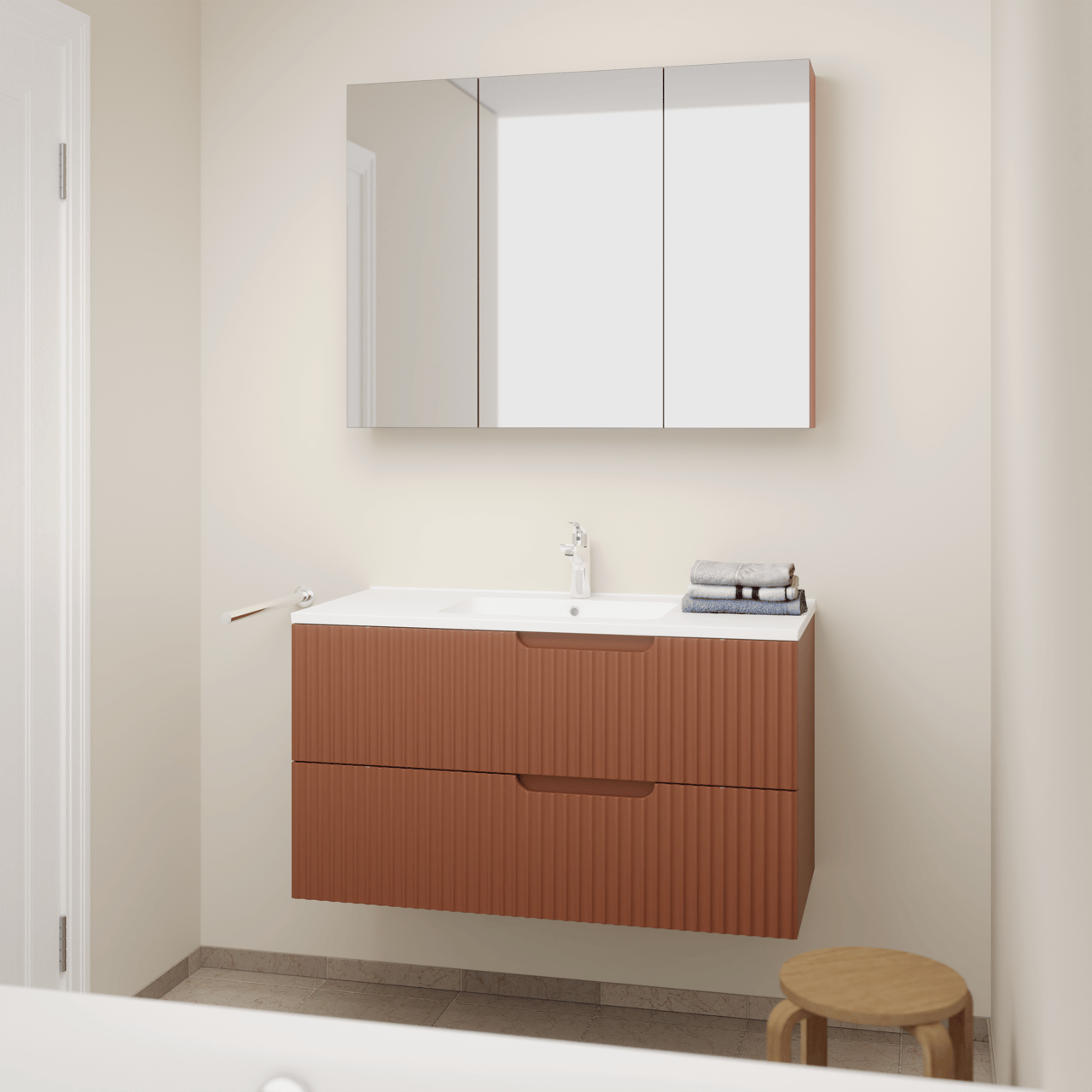 Linie Ribbo zwevend badmeubel 100 x 46 cm cotto met Vano enkele wastafel in composietmarmer mat wit, Verticale symmetrische ronde ribbel en Montro spiegelkast