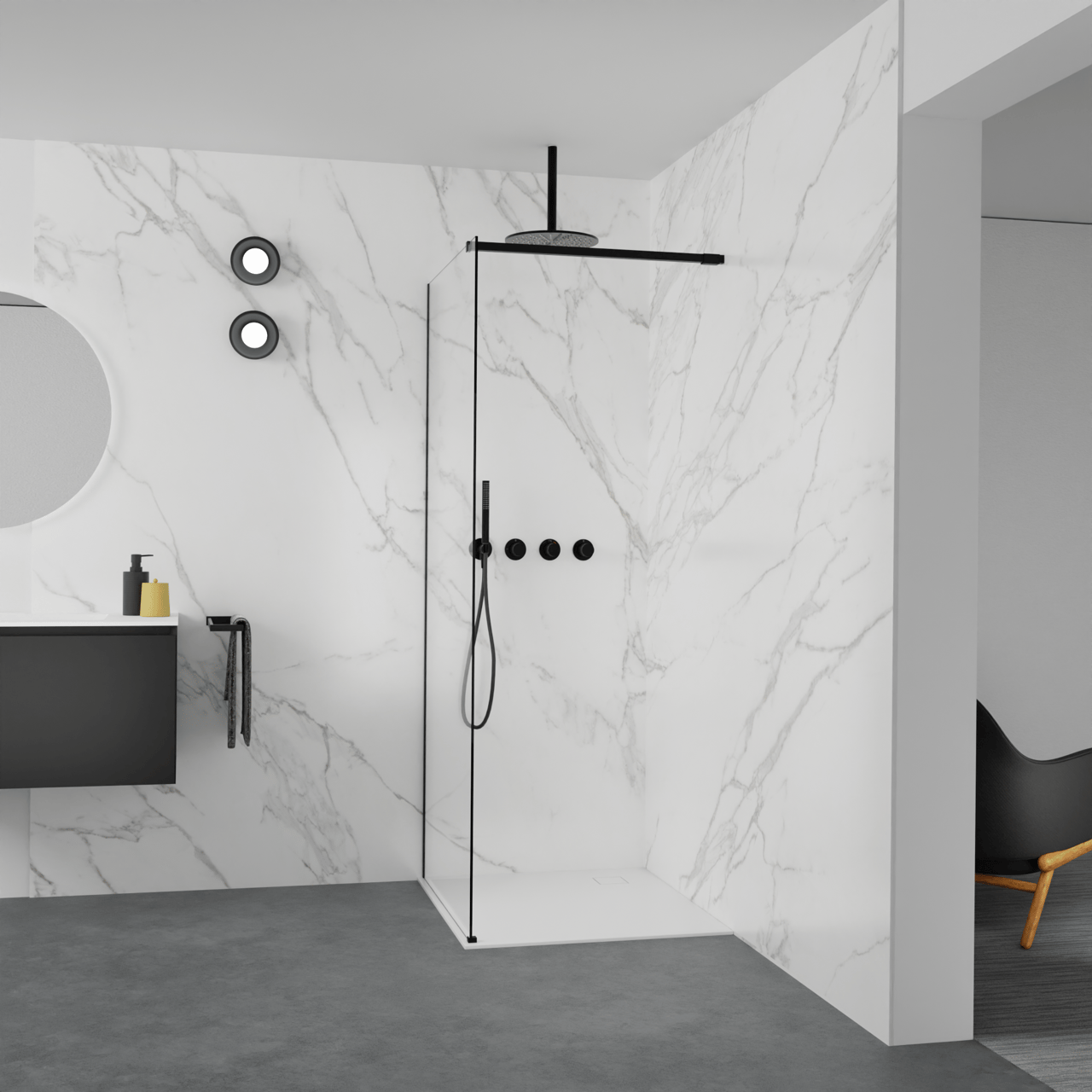 Balmani Modular inloopdouche: 90 x 200 cm, Helder glas, Mat zwarte profielen