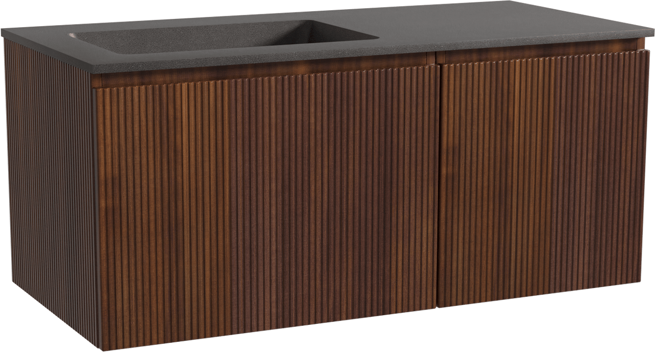 Storke Ribs zwevend badmeubel 110 x 52 cm notenhout met Scuro asymmetrisch linkse wastafel in kwarts mat zwart, Verticale symmetrische rechte ribbel