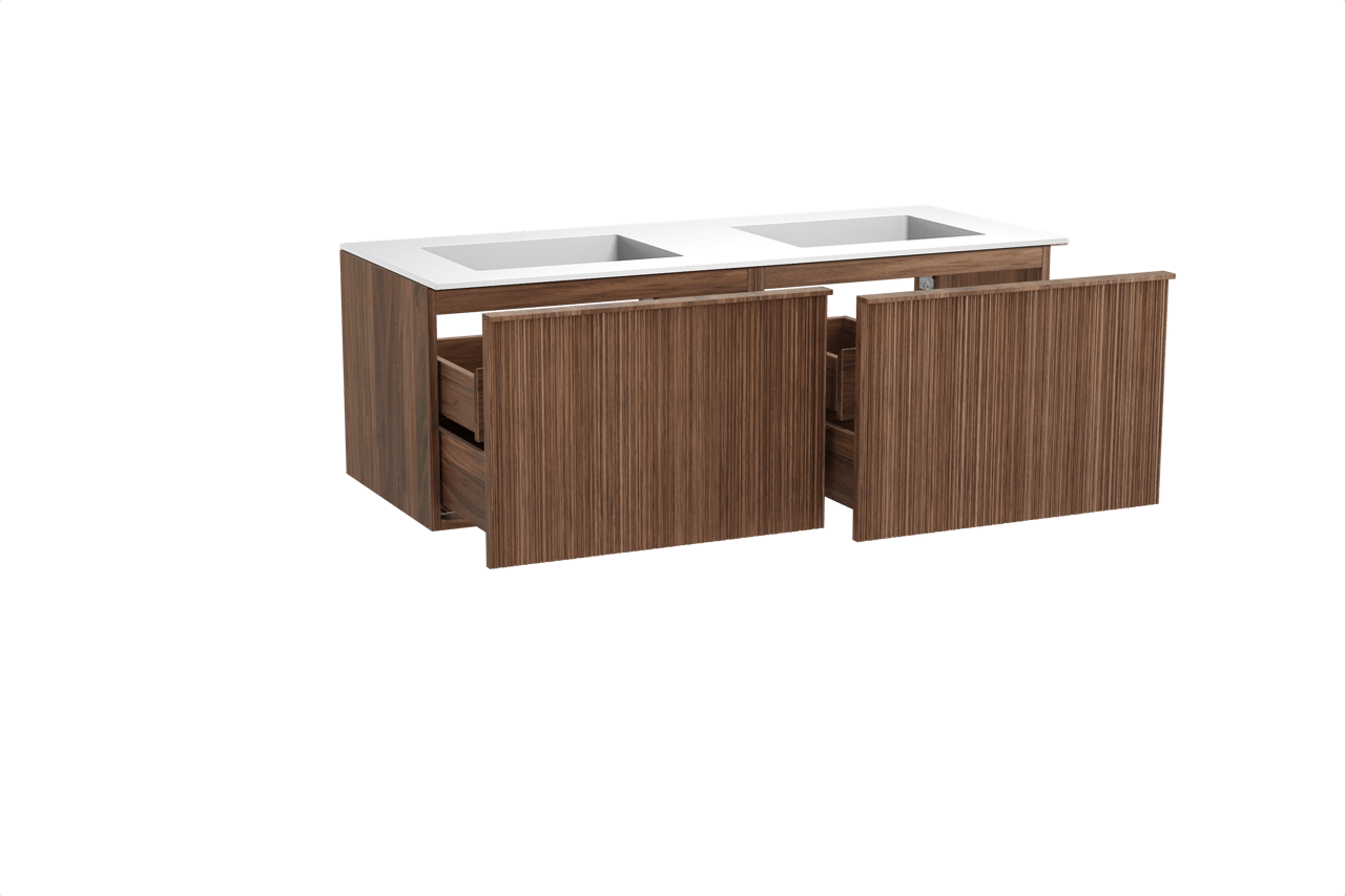 Balmani Forma zwevend badmeubel 135 x 55 cm amerikaans notenhout met Tablo Stretto dubbele wastafel in solid surface mat wit, Verticale asymmetrische ronde ribbel