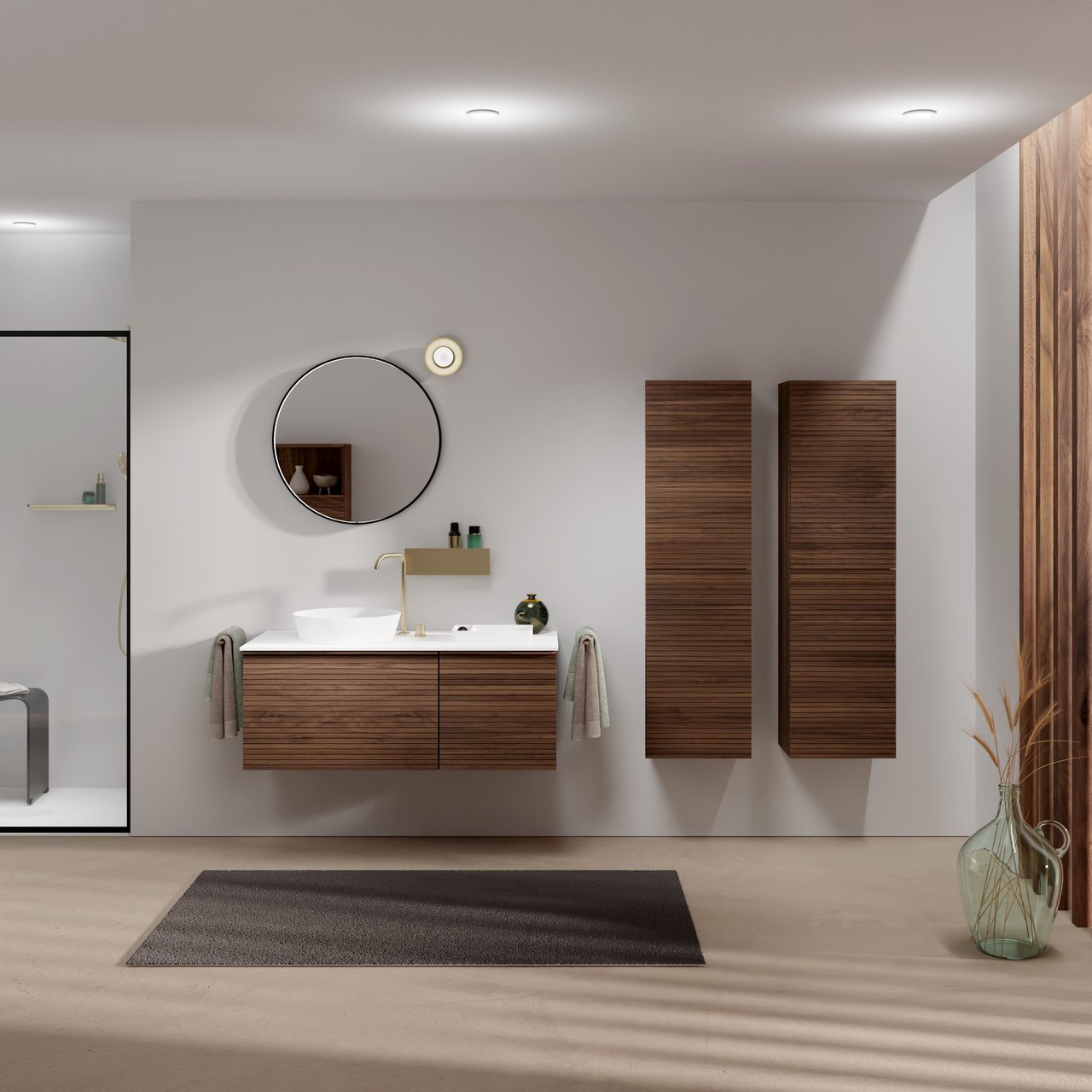 Balmani Forma zwevend badmeubel 120 x 55 cm amerikaans notenhout met Stretto enkel of dubbel wastafelblad in solid surface mat wit, Horizontale symmetrische rechte ribbel