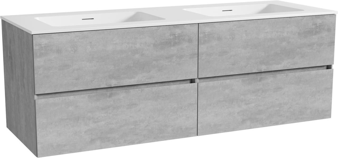 Storke Edge zwevend badkamermeubel 150 x 52 cm beton donkergrijs met Mata dubbele wastafel in solid surface mat wit