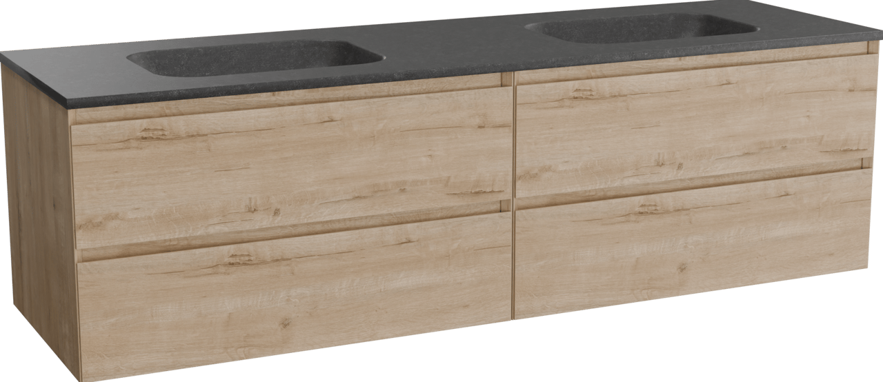 Balmani Mitra hängendes Möbelstück Set: 180 x 55 cm, Rohe Eiche, mit Tablo Arcato Doppelwaschtisch, Schwarzes Granit