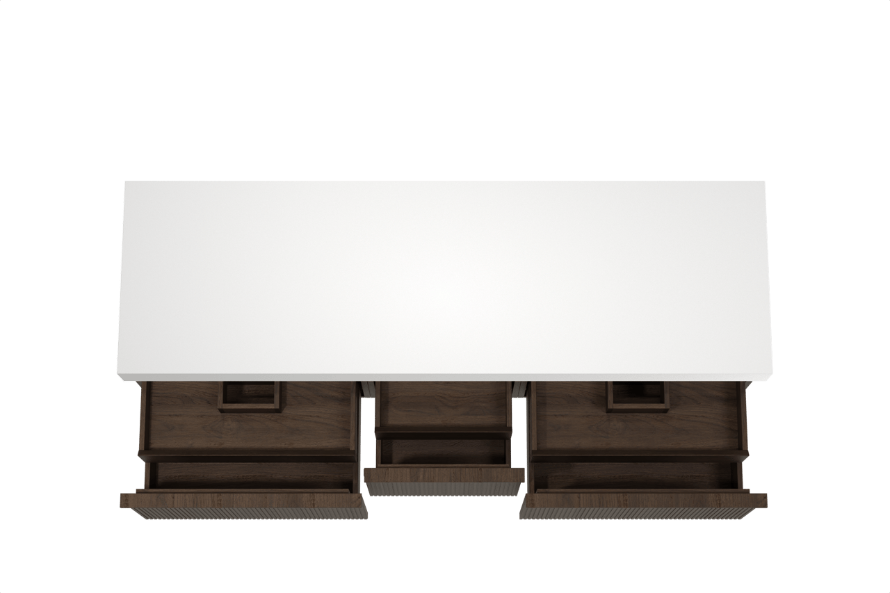 Balmani Forma zwevend badkamermeubel 180 x 55 cm gerookte eik met Dominus enkel of dubbel tablet in solid surface mat wit, Verticale symmetrische rechte ribbel