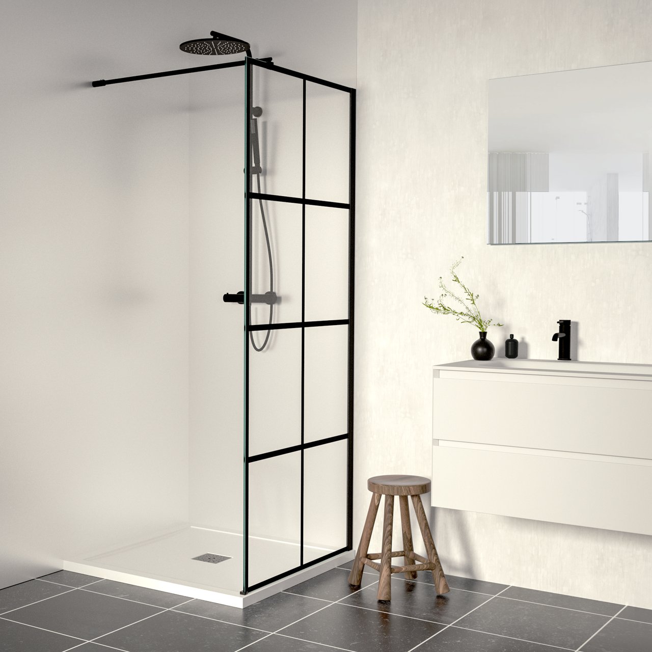 Linie Walk-In inloopdouche 90 x 200 cm square glas mat zwart profiel