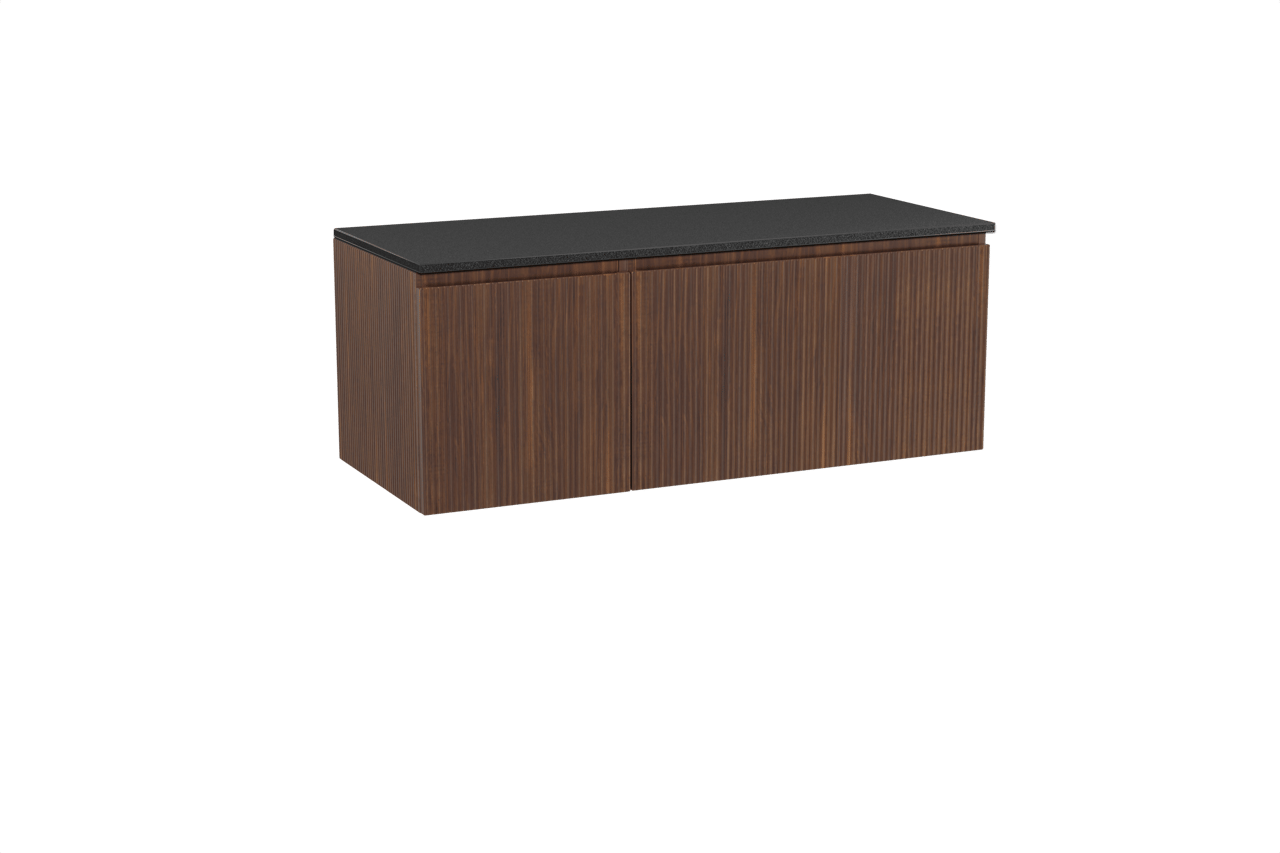 Storke Ribs zwevend badmeubel 130 x 52 cm notenhout met Panton enkel of dubbel wastafelblad in gepoedercoate mdf mat zwart, Verticale symmetrische rechte ribbel