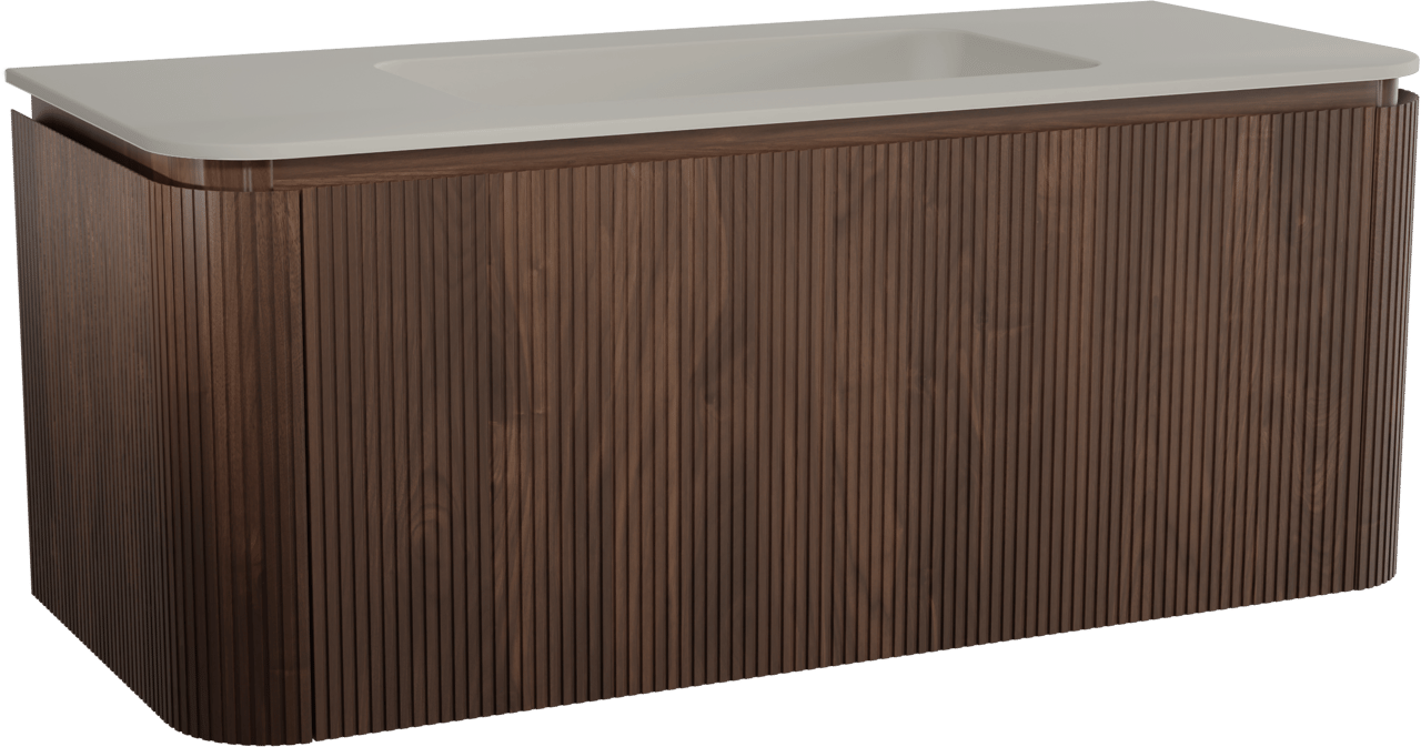 Balmani Moon hängendes Möbelstück Set: 130 x 55 cm, Amerikanischer Nussbaum, mit Moon Einzelwaschtisch, Top Solid, Seidengrau, Vertikale symmetrische gerade Rippe