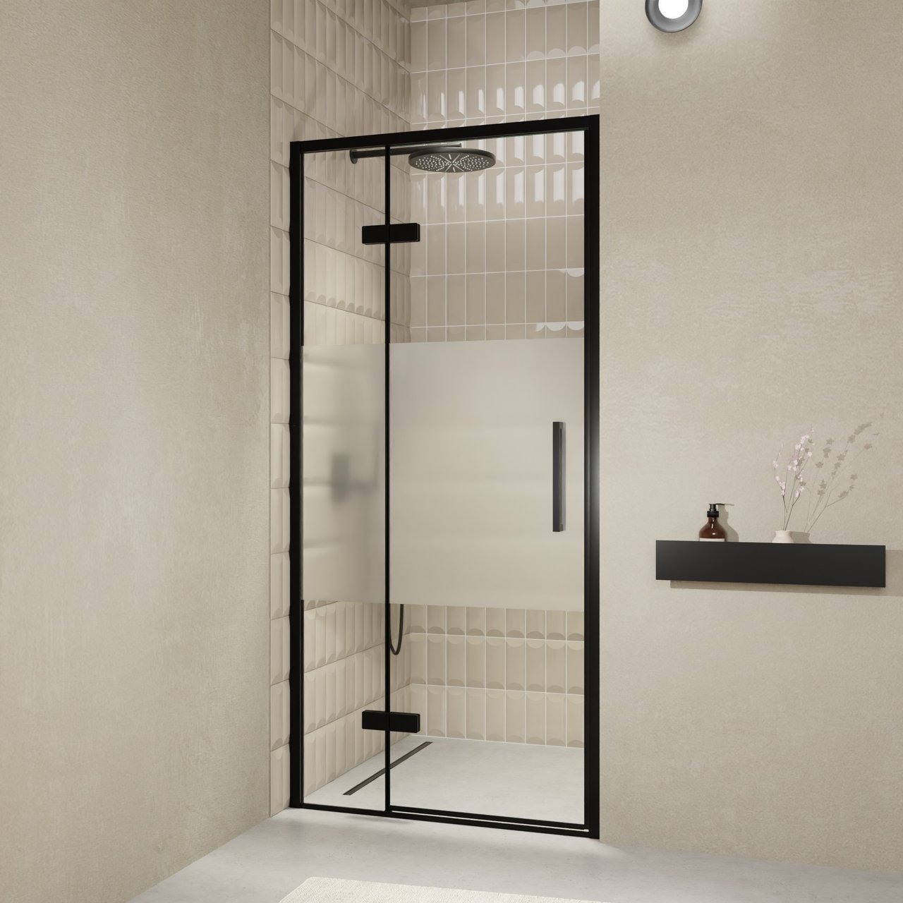 Balmani Senses Design douche draaideur links 100 cm x 210 cm Helder glas met matte strook, Zwarte profielen