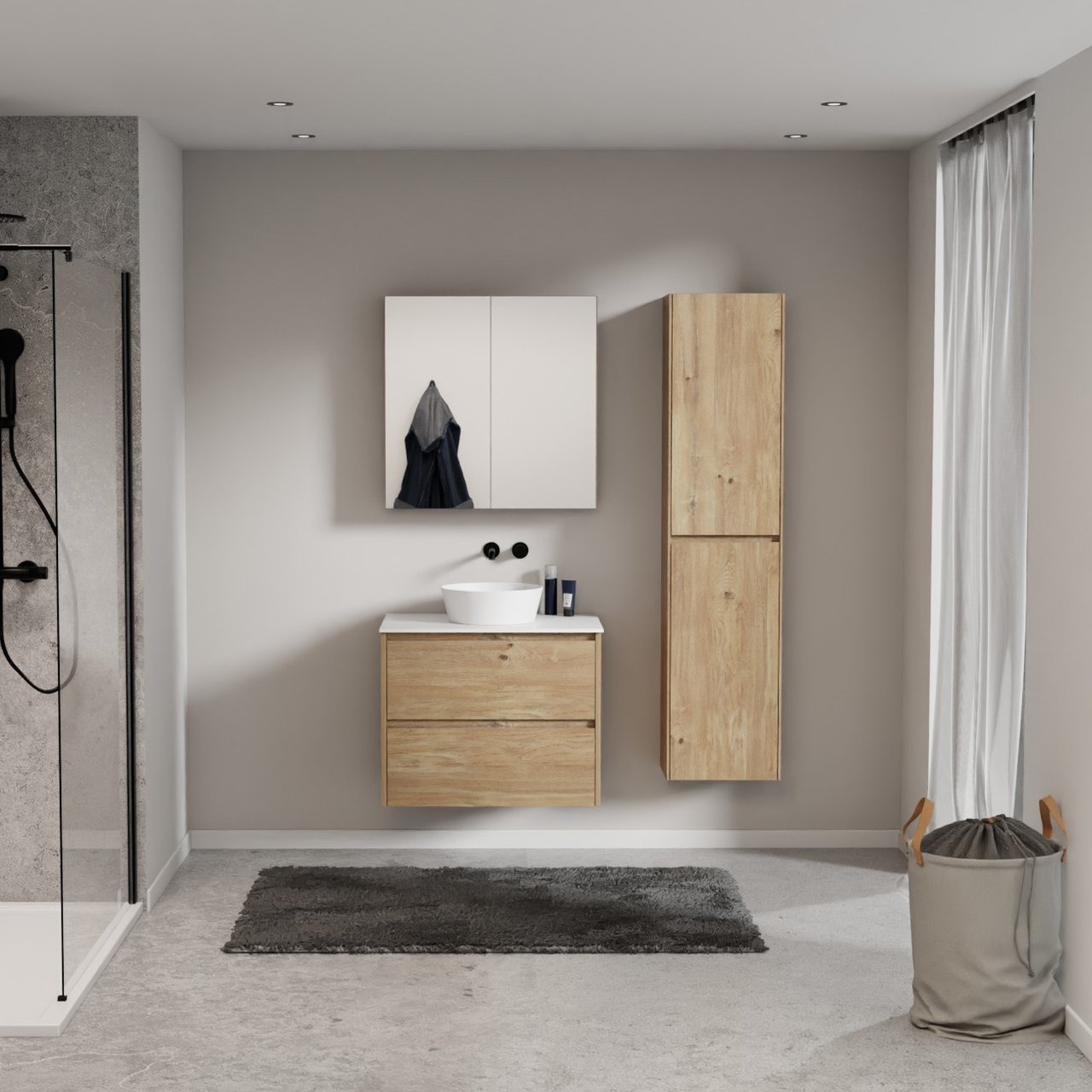 Storke Seda zwevend badkamermeubel 75 x 52 cm ruwe eik met Tavola enkel tablet in solid surface mat wit