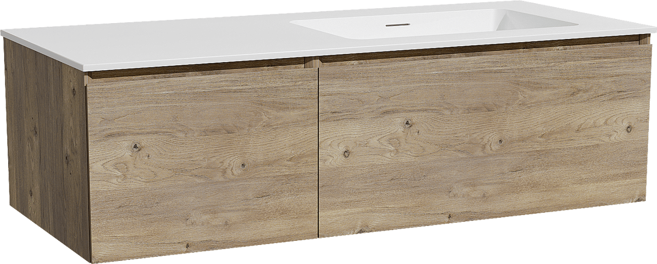Storke Edge zwevend badmeubel 120 x 52 cm ruw eiken met Mata asymmetrisch rechtse wastafel in solid surface mat wit