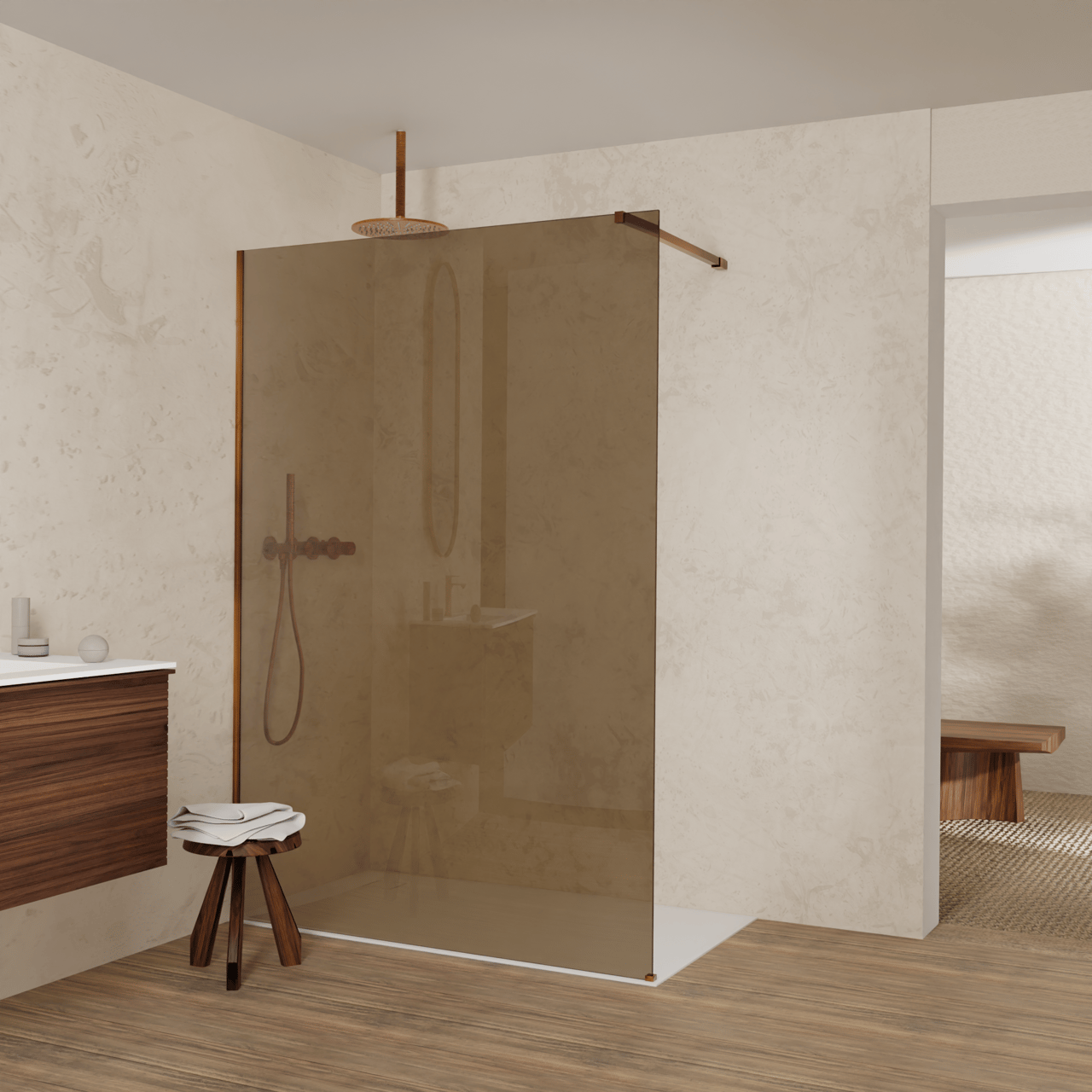 Balmani Modular Walk-In Dusche: 140 x 200 cm, Bronze Glas, Profil Brushed Rosegold