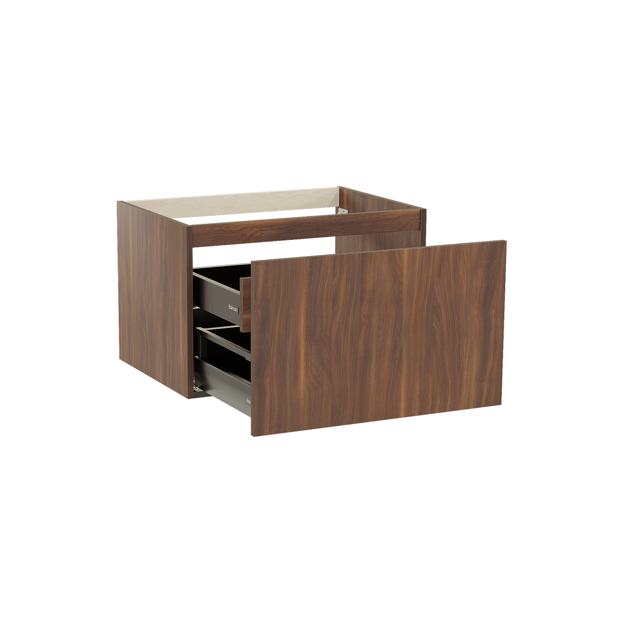 Balmani Sfera by Lucida hängender Waschbeckenunterschrank: 75 x 55 cm, Amerikanischer Nussbaum, 2 Schubladen
