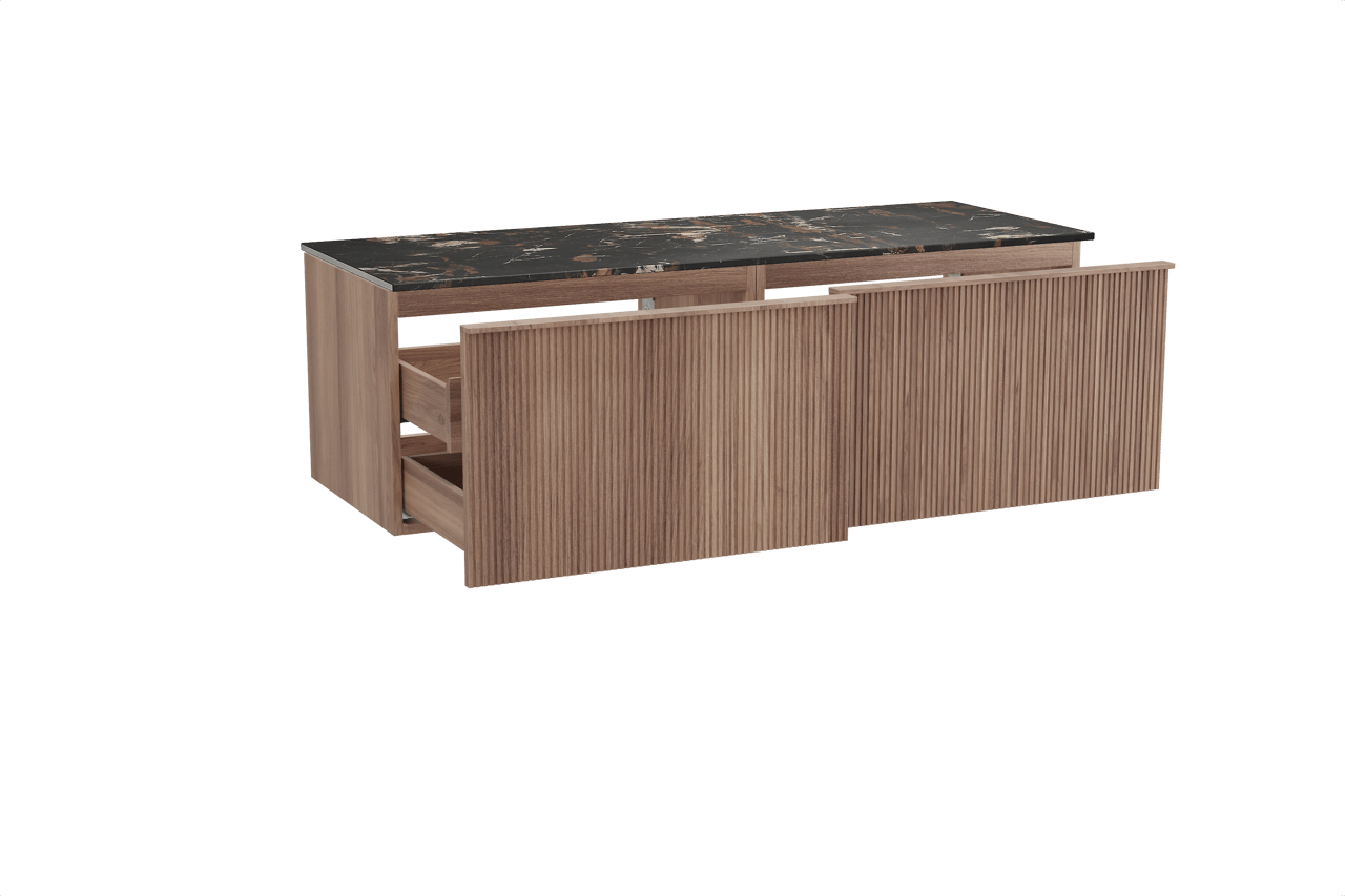 Balmani Forma zwevend badkamermeubel 150 x 55 cm teak met Stretto enkel of dubbel tablet in marmer portoro gold, Verticale symmetrische rechte ribbel