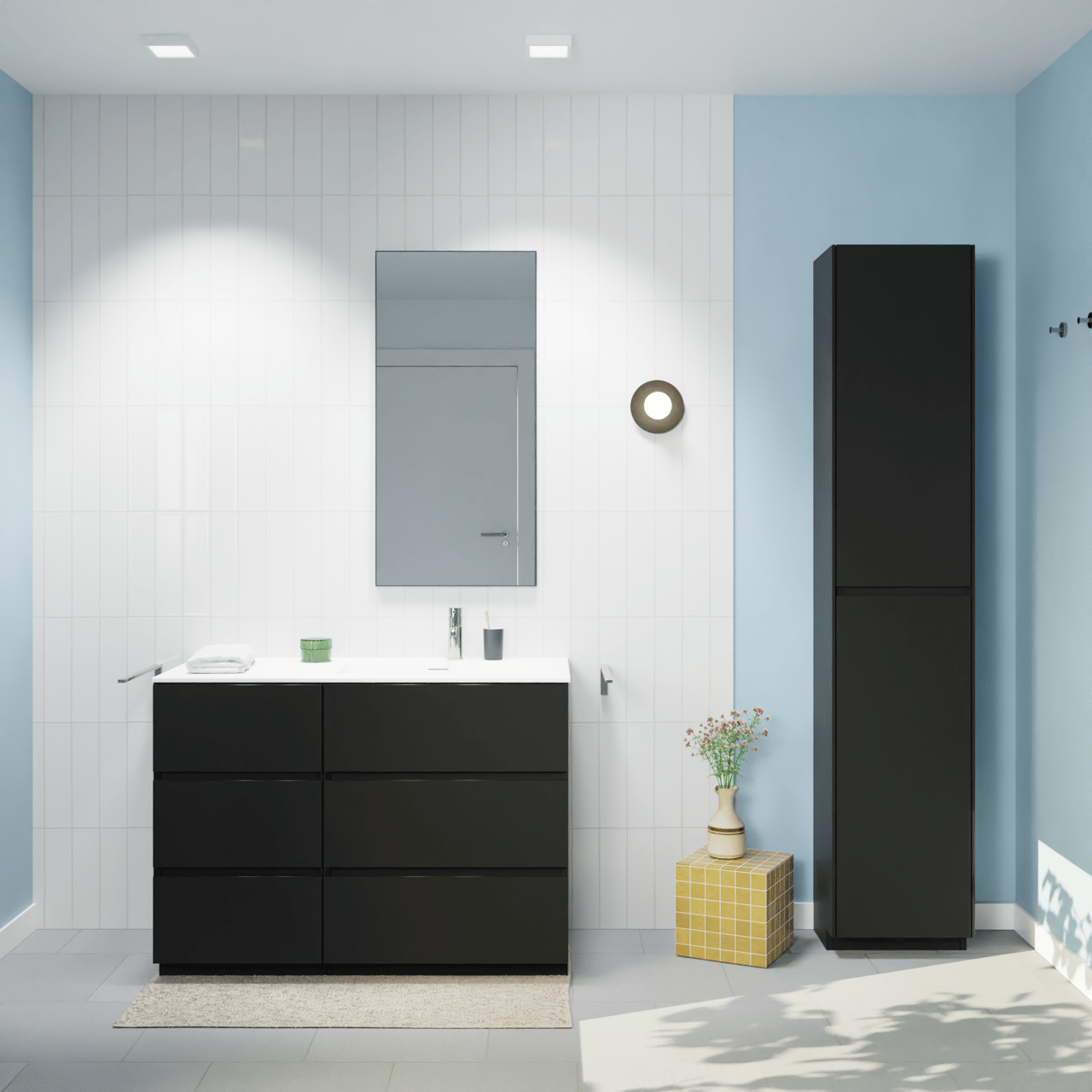 Storke Edge meuble salle de bains à poser 110 x 52 cm noir mat avec Mata plan vasque asymétrique à droite en solid surface blanc mat