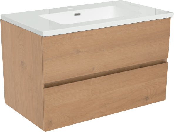 Storke Edge zwevend badmeubel 80 x 46 cm ruw eiken met Diva enkele wastafel in composietmarmer hoogglans wit