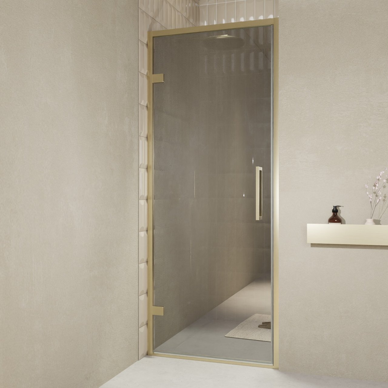 Balmani Senses Design porte pivotante à gauche 90 cm x 210 cm verre Miroir Reflex, Profil Brushed Champagne Gold, coating inclus