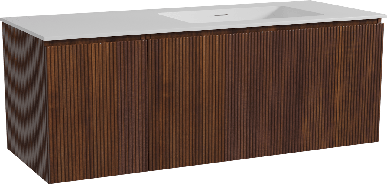 Storke Ribs zwevend badmeubel 130 x 52 cm notenhout met Mata asymmetrisch rechtse wastafel in solid surface mat wit, Verticale symmetrische rechte ribbel