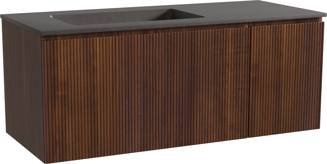 Storke Ribs zwevend badmeubel 120 x 52 cm notenhout met Scuro asymmetrisch linkse wastafel in kwarts mat zwart, Verticale symmetrische rechte ribbel