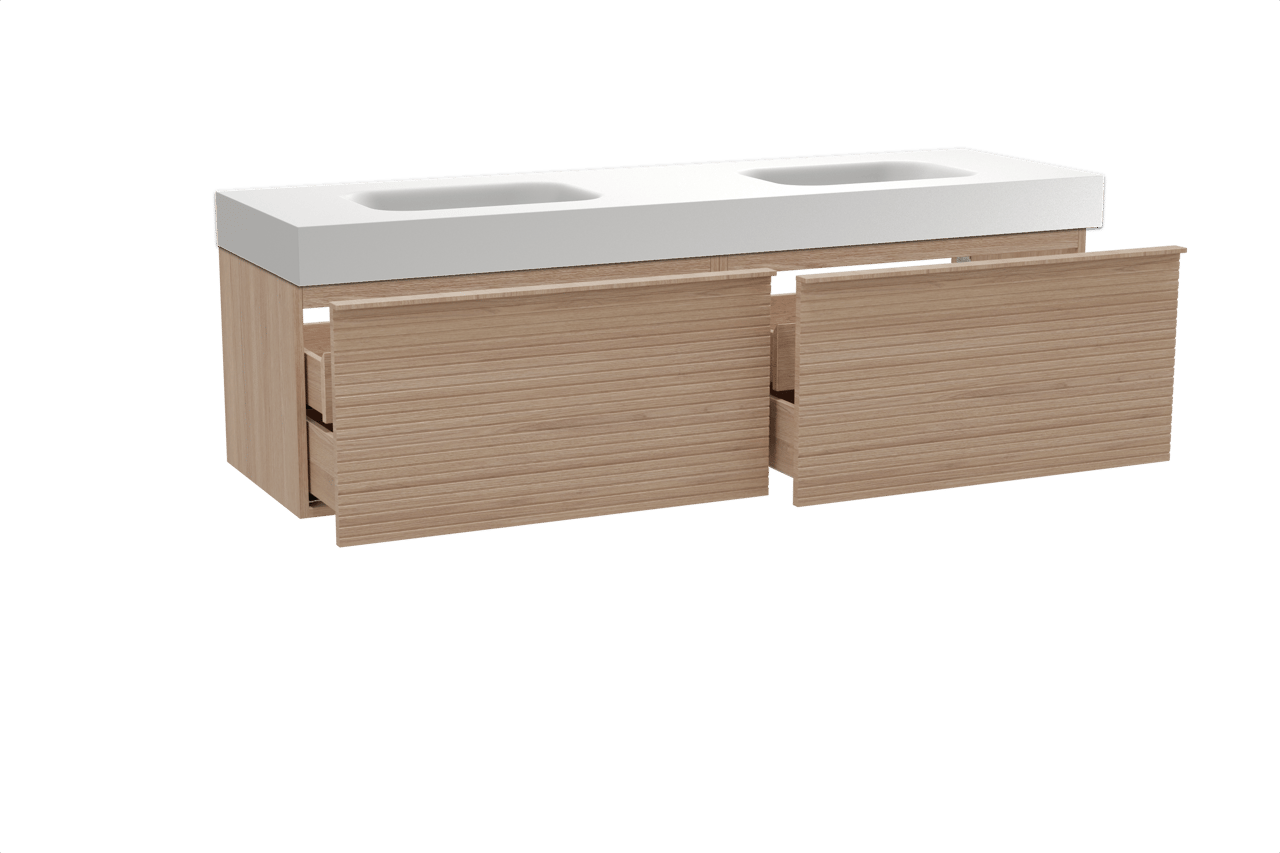 Balmani Forma zwevend badkamermeubel 180 x 55 cm natuur eik met Arcato dubbele wastafel in solid surface mat wit, Horizontale symmetrische rechte ribbel