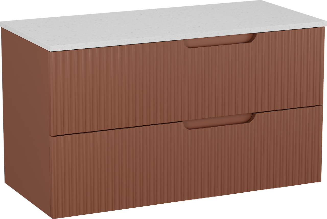 Linie Ribbo zwevend badkamermeubel 100 x 46 cm cotto met Lado enkel of dubbel tablet in melamine terrazzo wit, Verticale symmetrische ronde ribbel