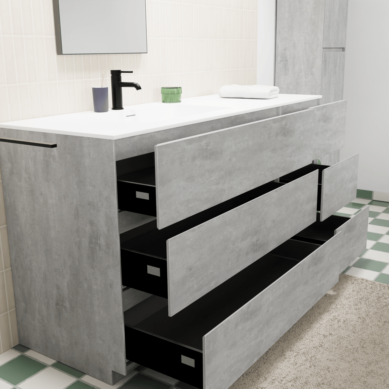 Storke Edge staand badkamermeubel 150 x 52 cm beton donkergrijs met Mata asymmetrisch linkse wastafel in solid surface mat wit
