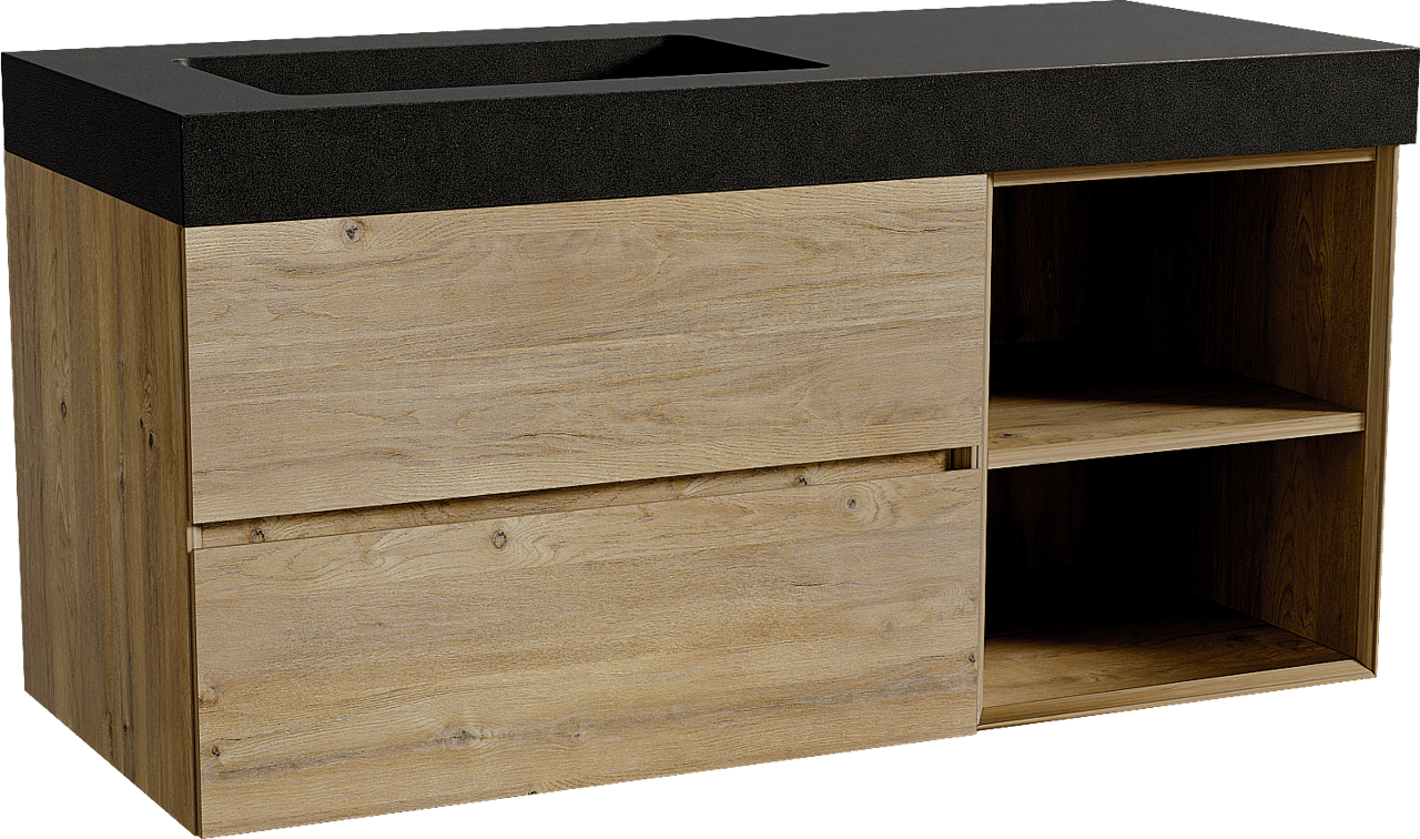 Storke Edge zwevend badmeubel 120 x 52 cm ruw eiken met Scuro High asymmetrisch linkse wastafel in kwarts mat zwart