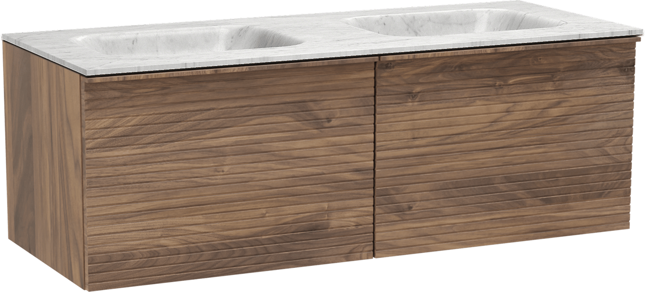 Balmani Forma zwevend badkamermeubel 135 x 55 cm amerikaanse notelaar met Tablo Arcato dubbele wastafel in marmer carrara, Horizontale symmetrische rechte ribbel