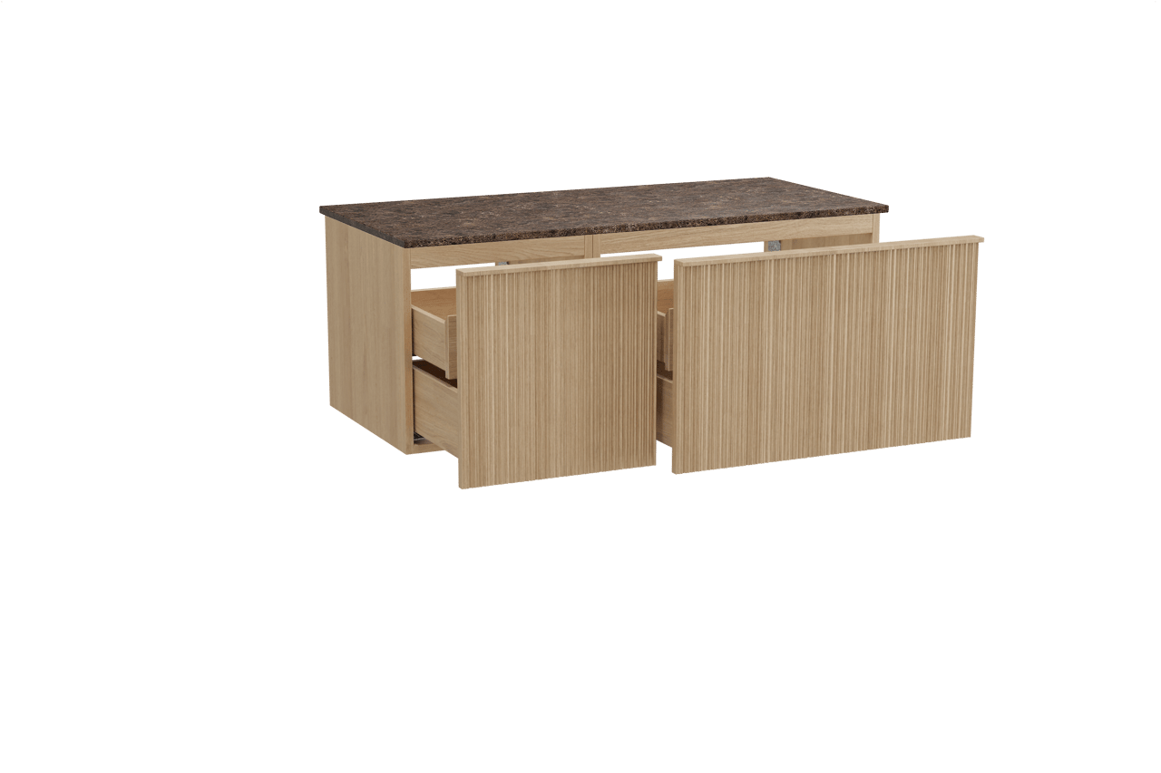 Balmani Forma zwevend badmeubel 120 x 55 cm naturel eiken met Stretto enkel of dubbel wastafelblad in marmer dark emperador, Verticale asymmetrische ronde ribbel