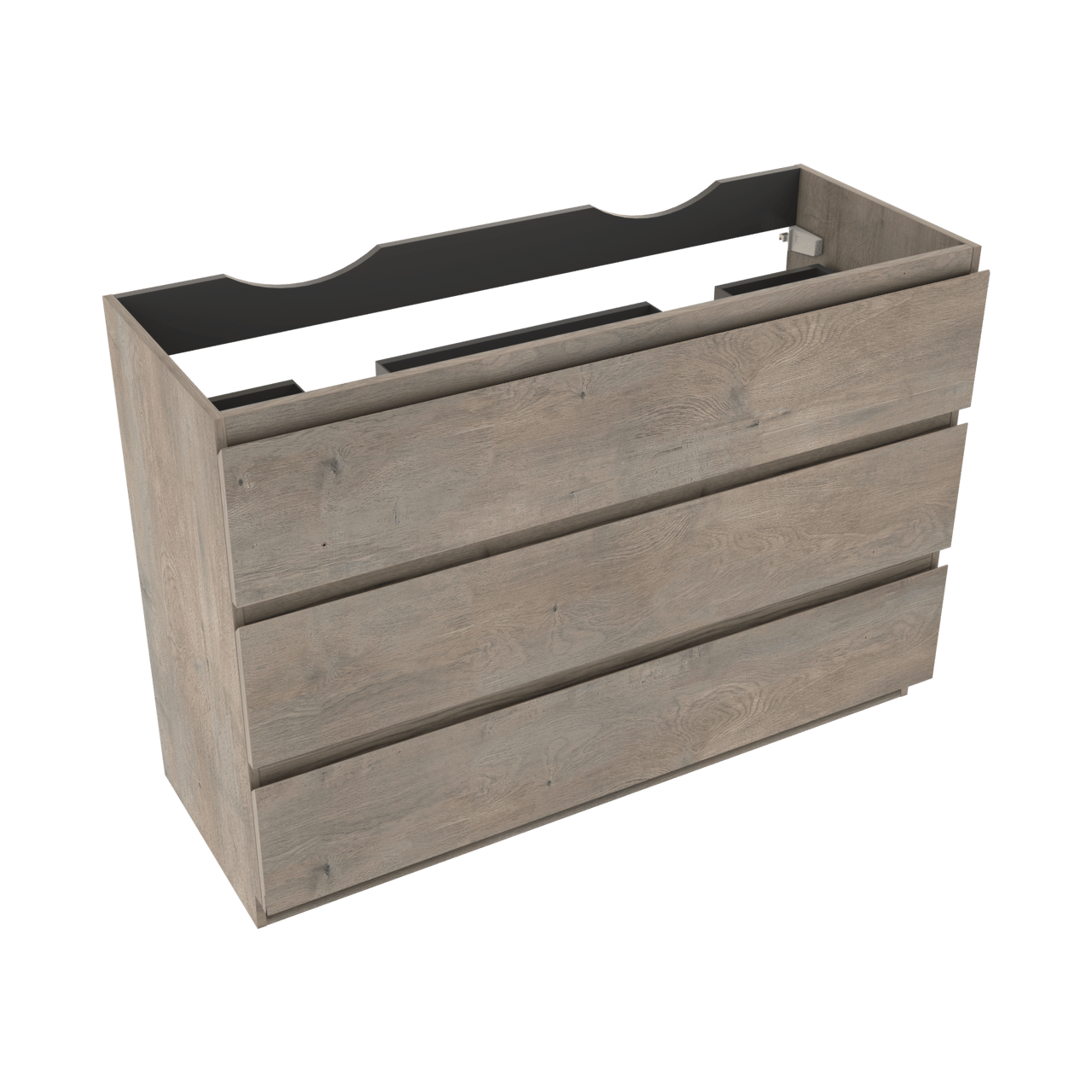 Linie Lado stehender Waschbeckenunterschrank: 120 x 46 cm, graue Eiche, 3 Schubladen, 2 Siphonaussparungen