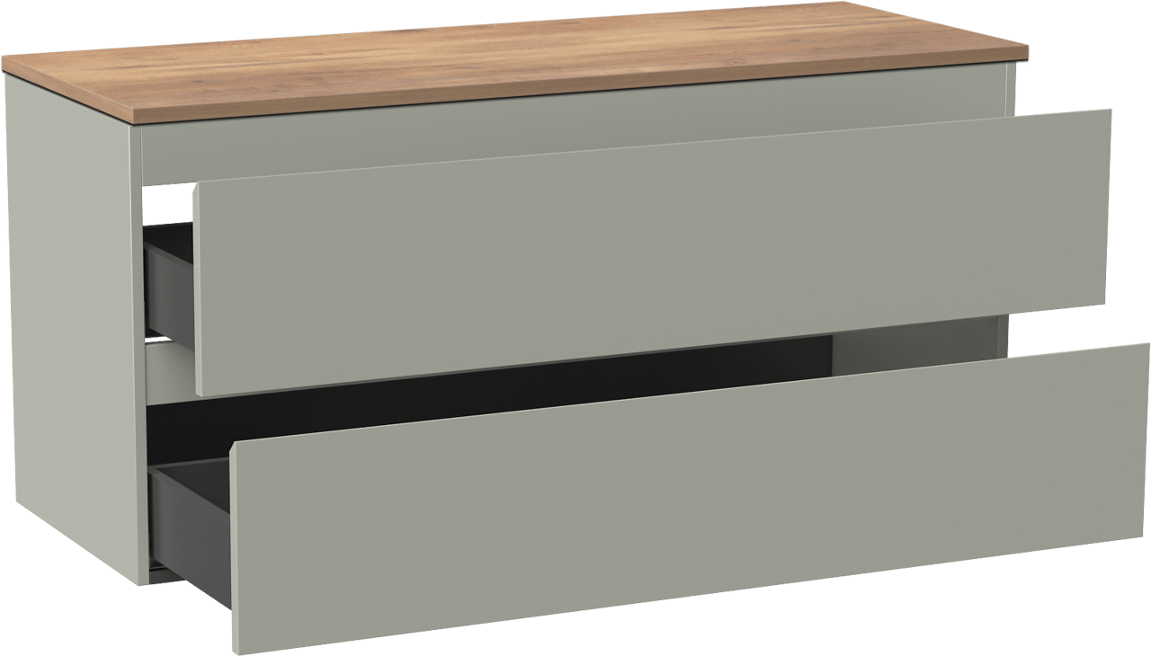 Linie Lado zwevend badmeubel 120 x 46 cm greige met Lado enkel of dubbel wastafelblad in melamine naturel eiken