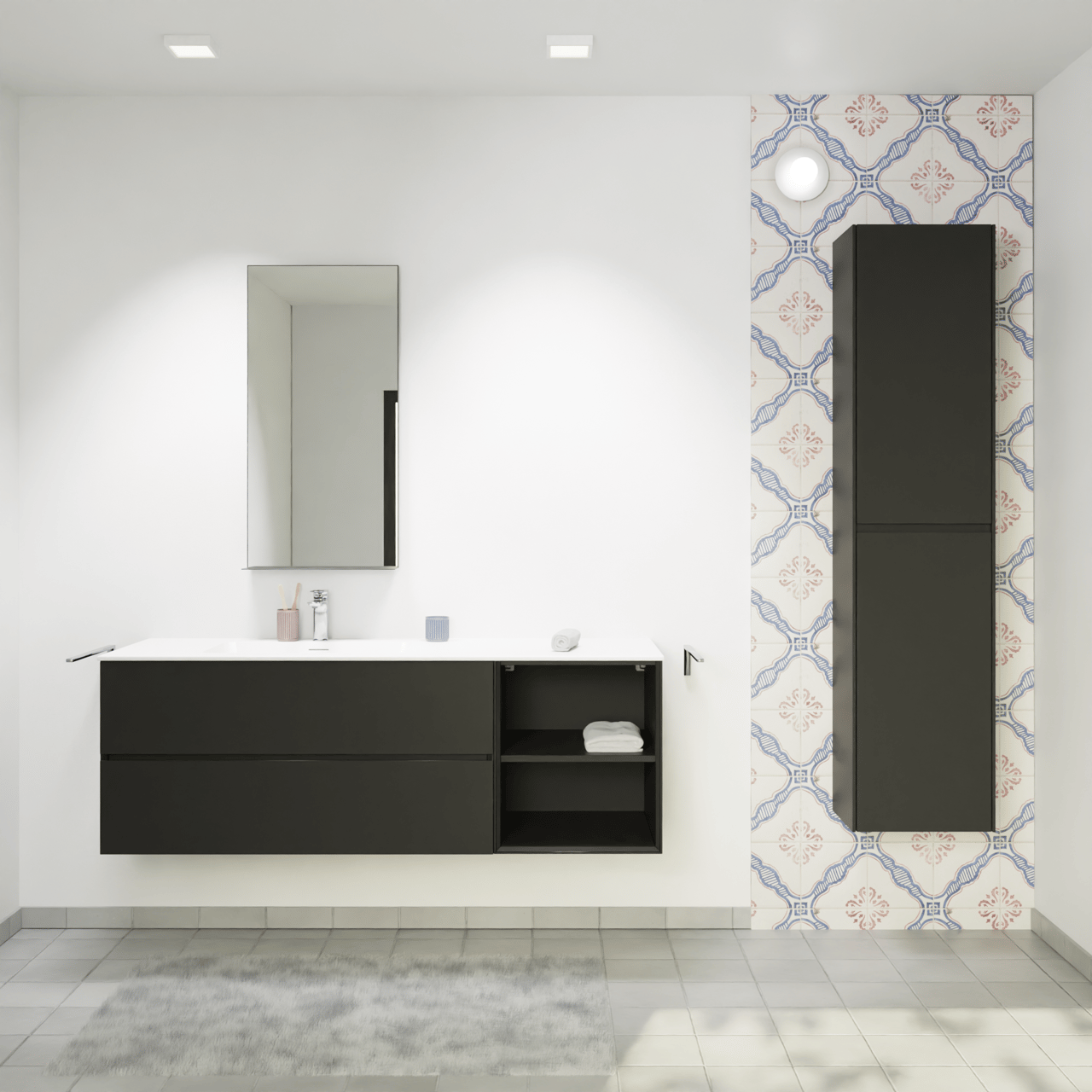 Storke Edge zwevend badkamermeubel 150 x 52 cm mat zwart met Mata asymmetrisch linkse wastafel in solid surface mat wit