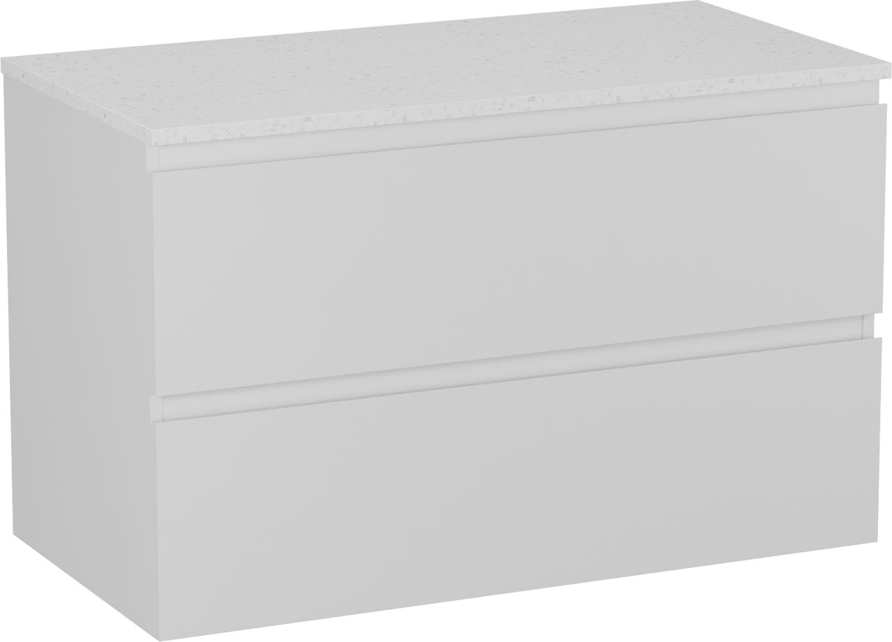 Linie Lado meuble salle de bains suspendu 90 x 46 cm blanc brillant avec Lado tablette simple en mélaminé terrazzo blanc