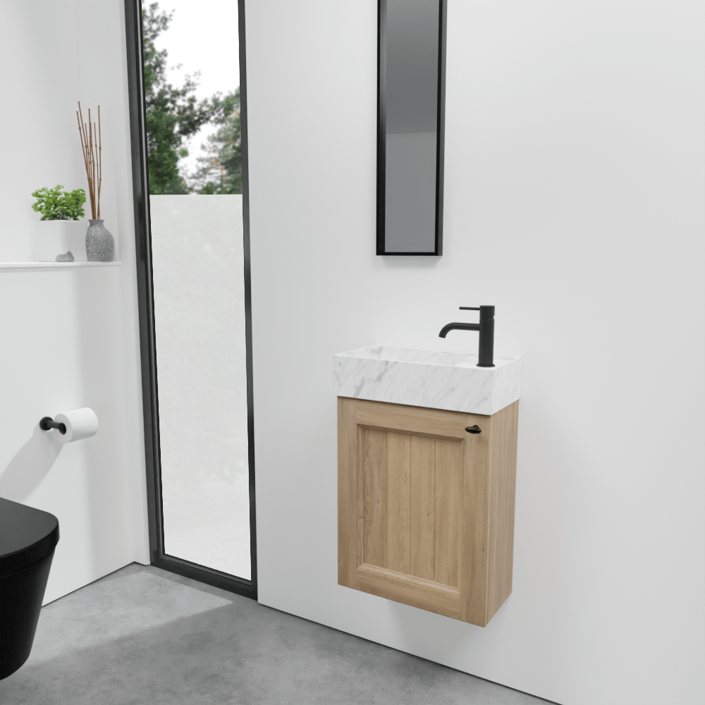 Balmani Lemon zwevend toiletmeubel 42 x 21 cm verweerde eik met Dama wastafel in Carrara marmer
