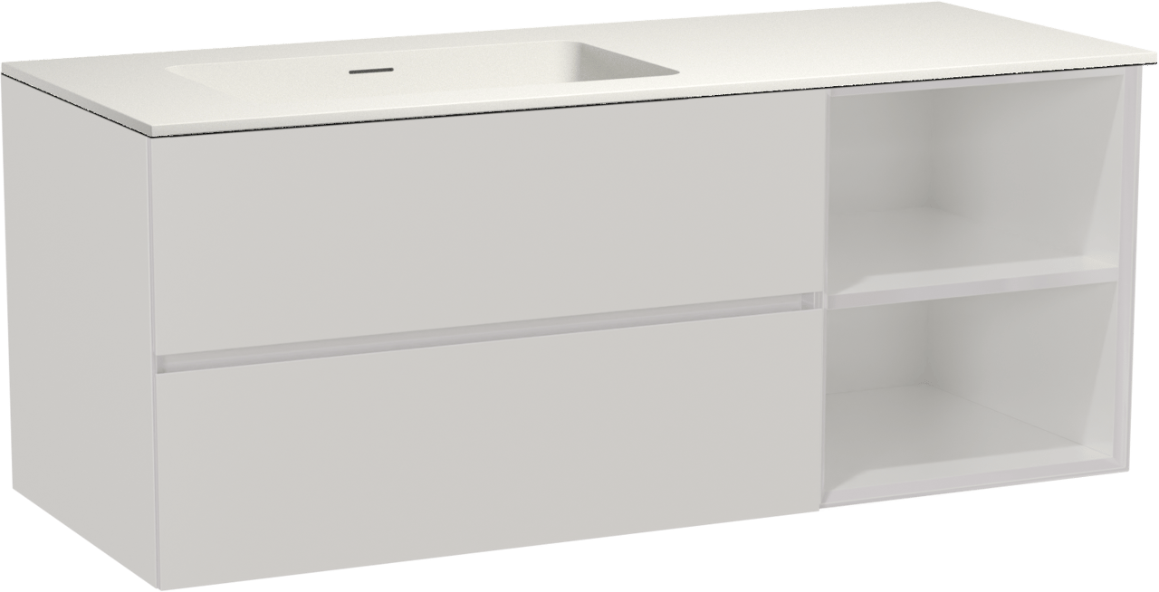 Storke Edge zwevend badkamermeubel 130 x 52 cm glanzend wit met Mata asymmetrisch linkse wastafel in solid surface mat wit