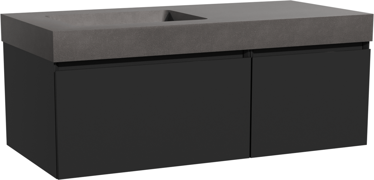 Storke Edge zwevend badkamermeubel 110 x 52 cm mat zwart met Scuro High asymmetrisch linkse wastafel in kwarts mat zwart