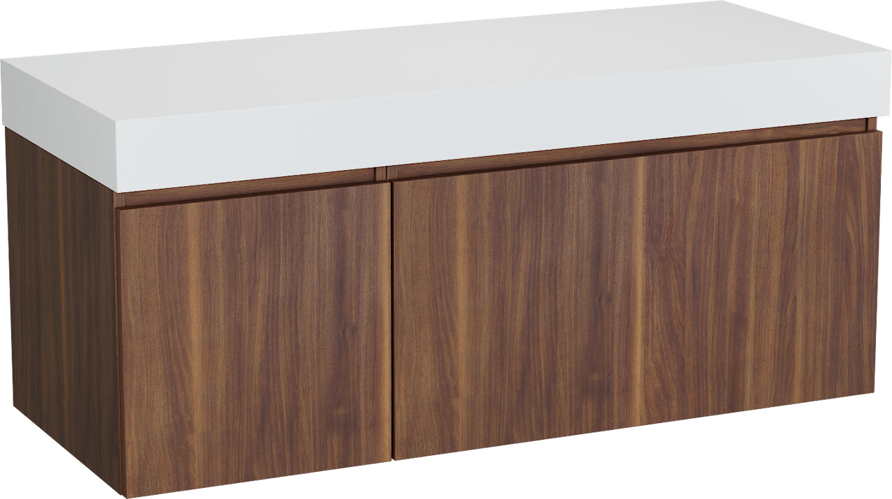 Balmani Sfera by Lucida zwevend badkamermeubel 135 x 55 cm amerikaanse notelaar met Dominus enkel of dubbel tablet in solid surface mat wit