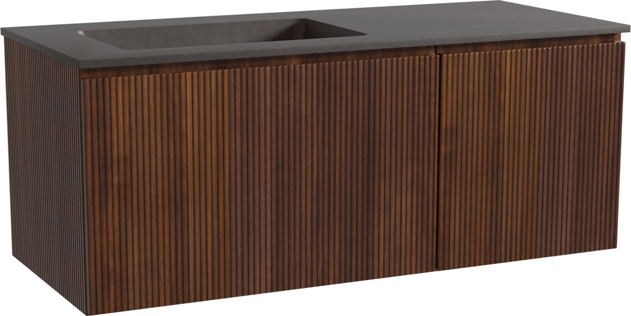 Storke Ribs zwevend badmeubel 120 x 52 cm notenhout met Scuro asymmetrisch linkse wastafel in kwarts mat zwart, Verticale symmetrische rechte ribbel