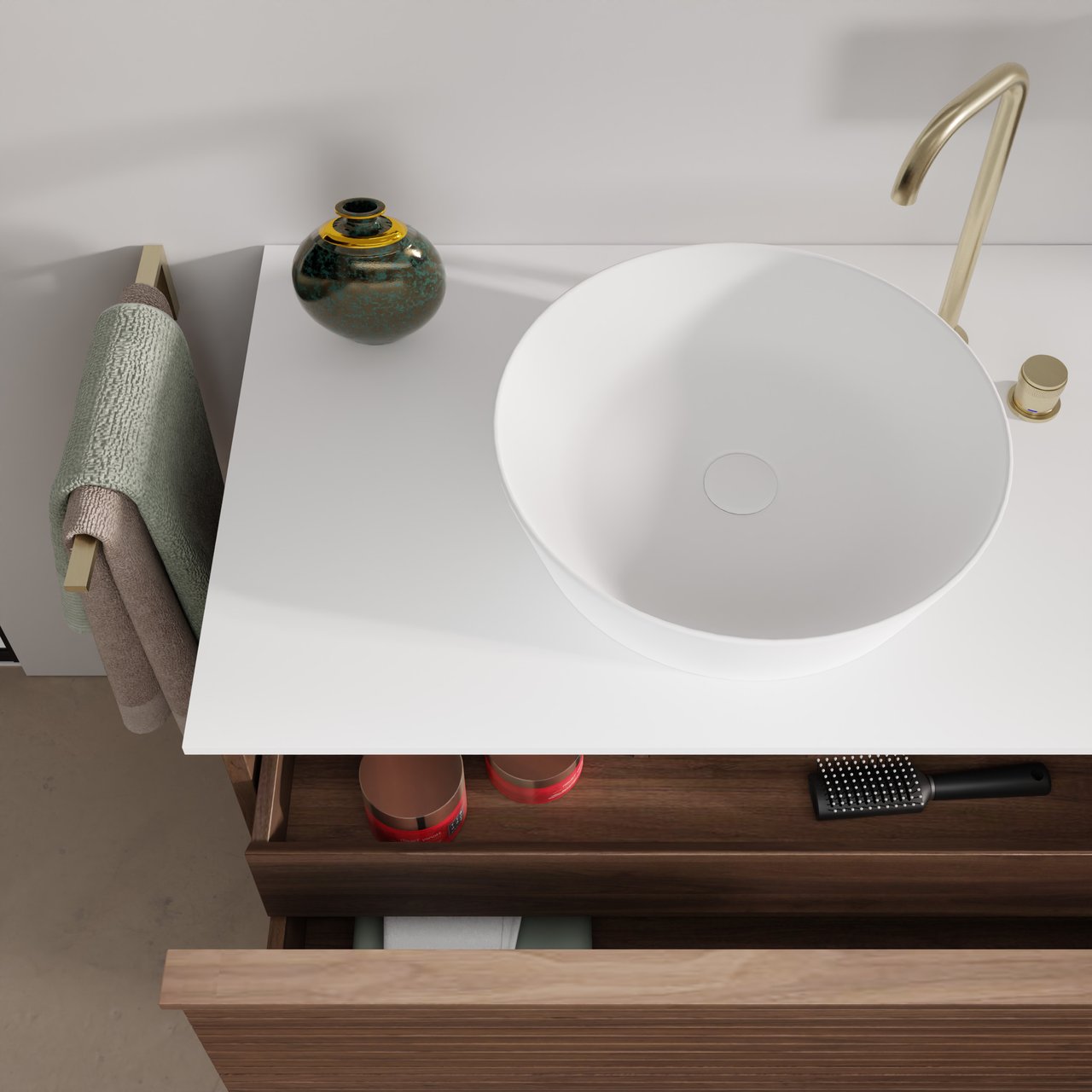 Balmani Forma meuble salle de bains suspendu 135 x 55 cm noyer américain avec Stretto tablette simple ou double en solid surface blanc mat, Nervure droite symétrique horizontale