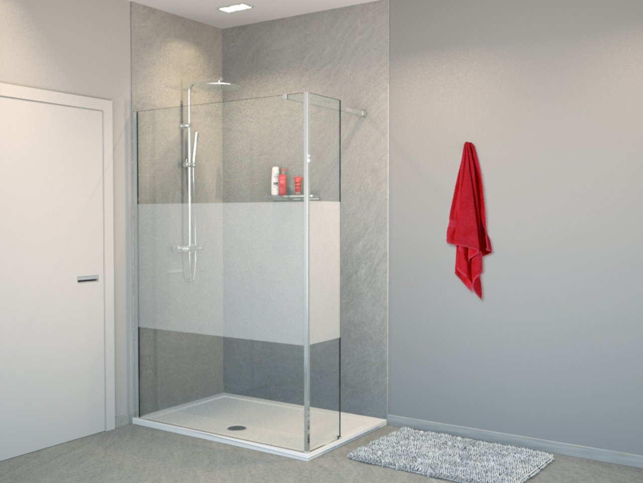 Balmani Modular Walk-In-Dusche mit fester Seitenwand 140 x 200 cm, Klarglas mit mattiertem Streifen, Profil chrom glänzend