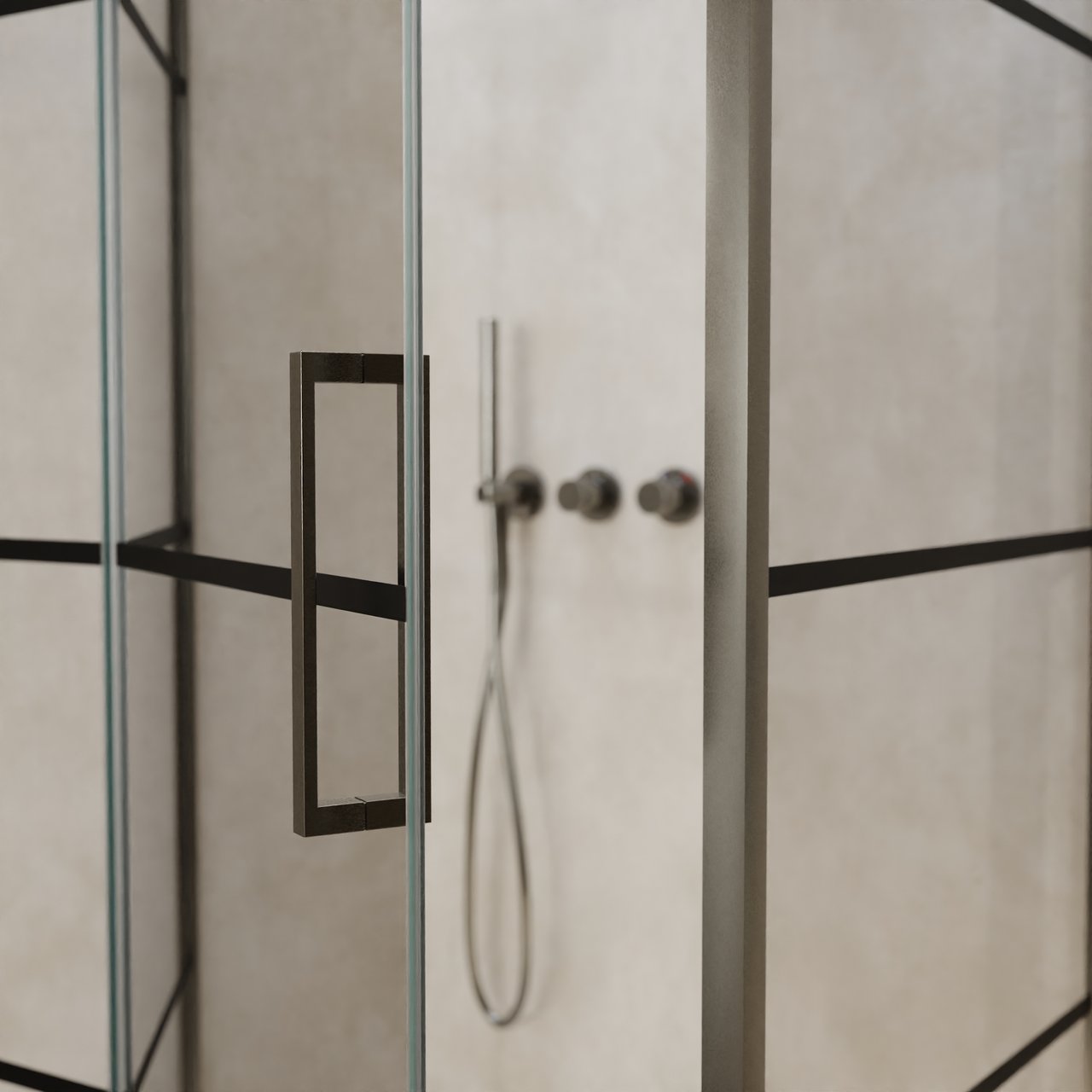 Balmani Senses Design Eckdusche: Drehtür (Links) mit fixierte Seitenwand, 100 x 100 cm, Lined, Profil Brushed GunMetal, inklusive Coating