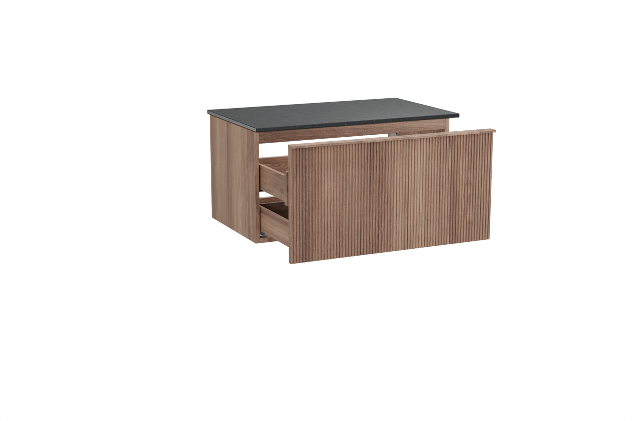 Balmani Forma hängendes Möbelstück Set: 90 x 55 cm, Teak, mit Stretto Einzel Waschtischplatte, Granit, Schwarzes Granit, Vertikale symmetrische gerade Rippe