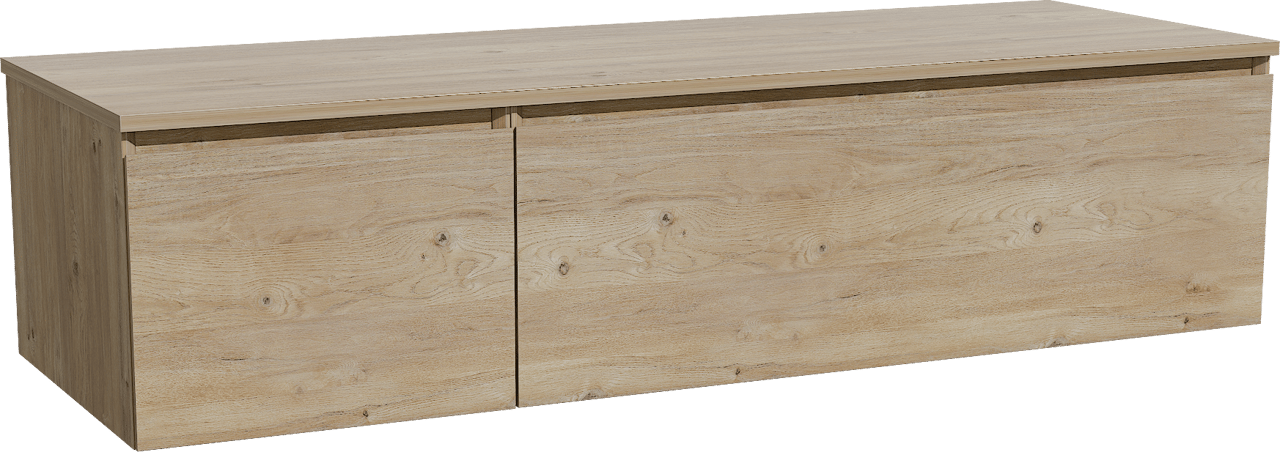 Storke Edge zwevend badkamermeubel 150 x 52 cm ruwe eik met Panton enkel of dubbel tablet in melamine ruwe eik