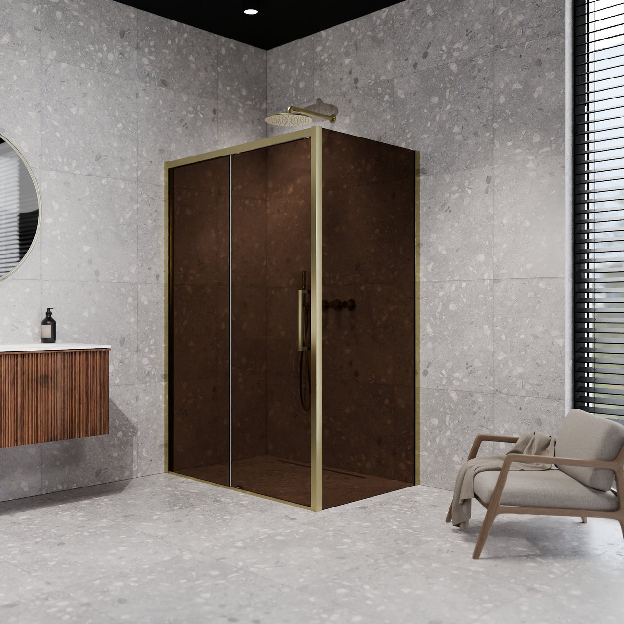 Balmani Senses Design douchehoek met linkse schuifdeur en vaste zijwand, 120 x 90 cm, Brons, Brushed Champagne Gold profielen