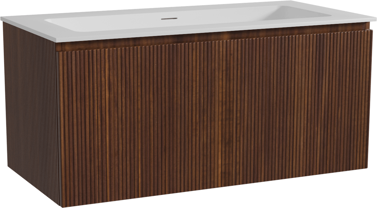 Storke Ribs zwevend badmeubel 105 x 52 cm notenhout met Mata enkele wastafel voor 2 kraangaten in solid surface mat wit, Verticale symmetrische rechte ribbel