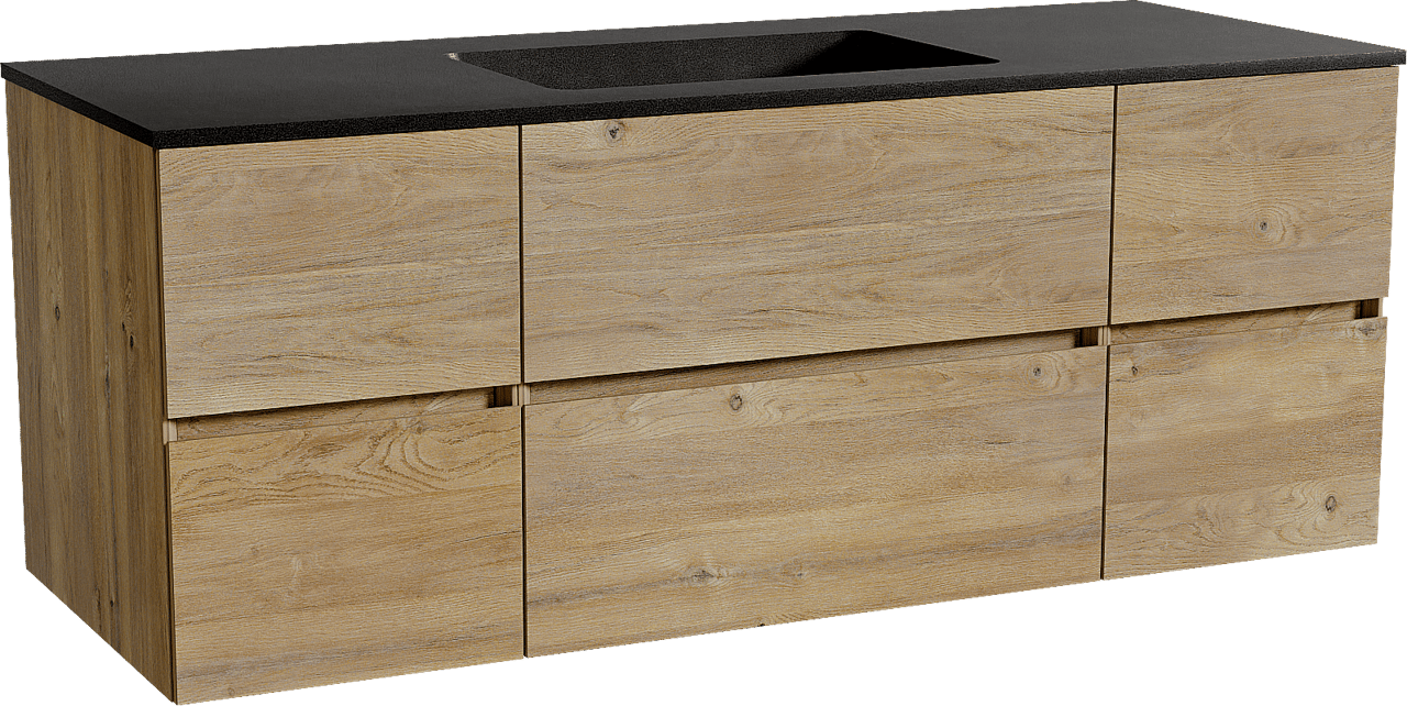 Storke Edge zwevend badmeubel 135 x 52 cm ruw eiken met Scuro enkele wastafel in kwarts mat zwart