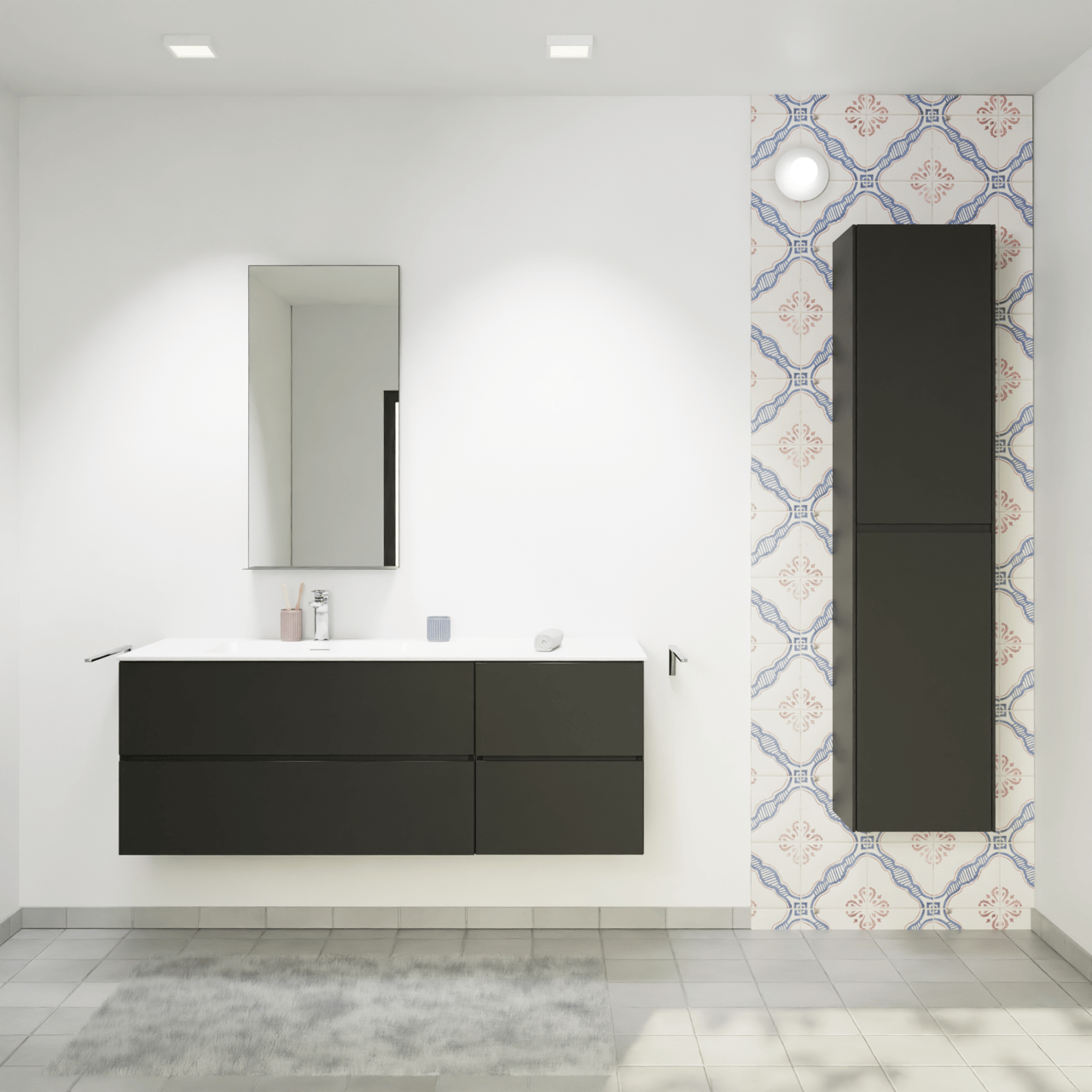 Storke Edge meuble salle de bains suspendu 140 x 52 cm noir mat avec Mata plan vasque asymétrique à gauche en solid surface blanc mat